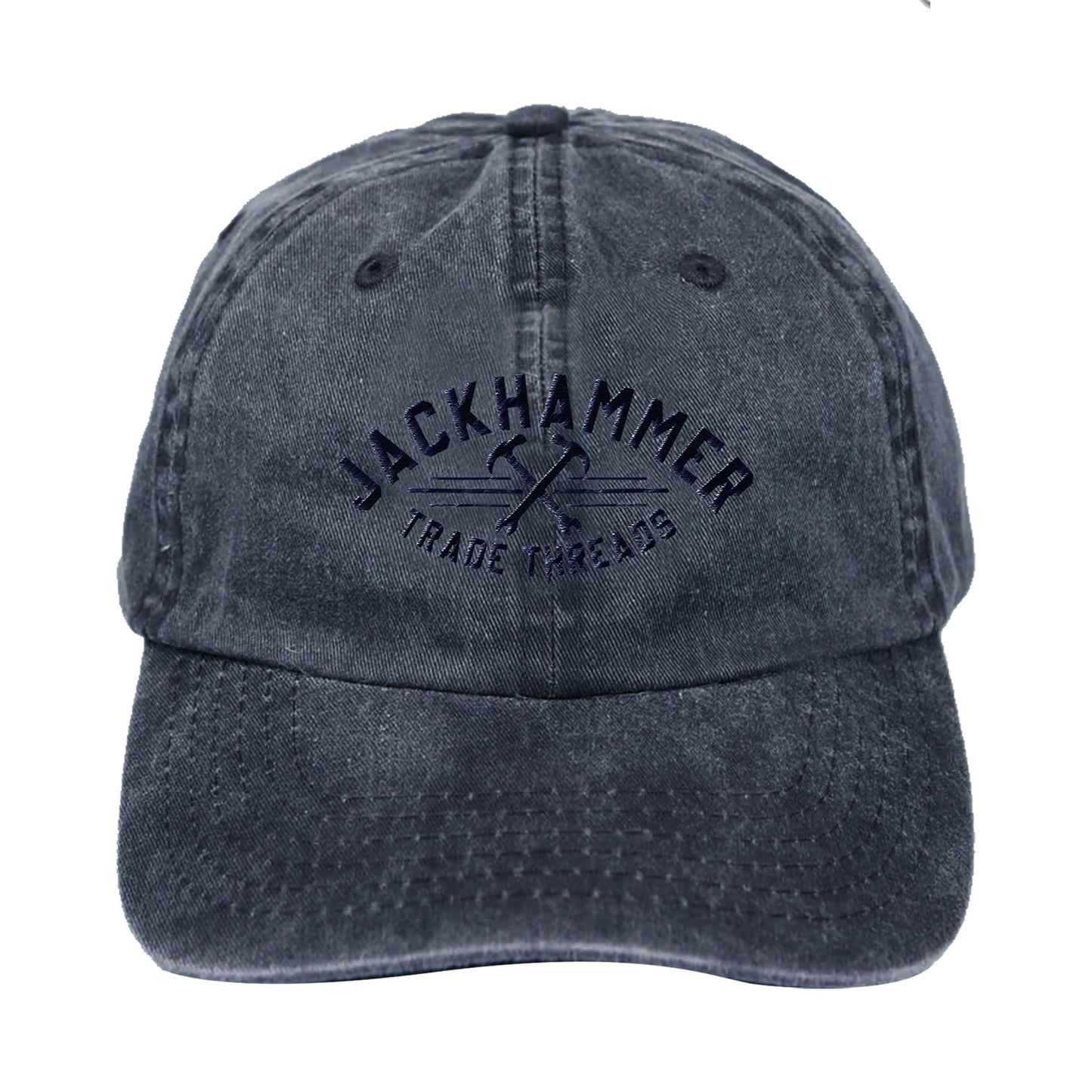 Black denim cap with 'Jackhammer Trade Threads' logo on a white background