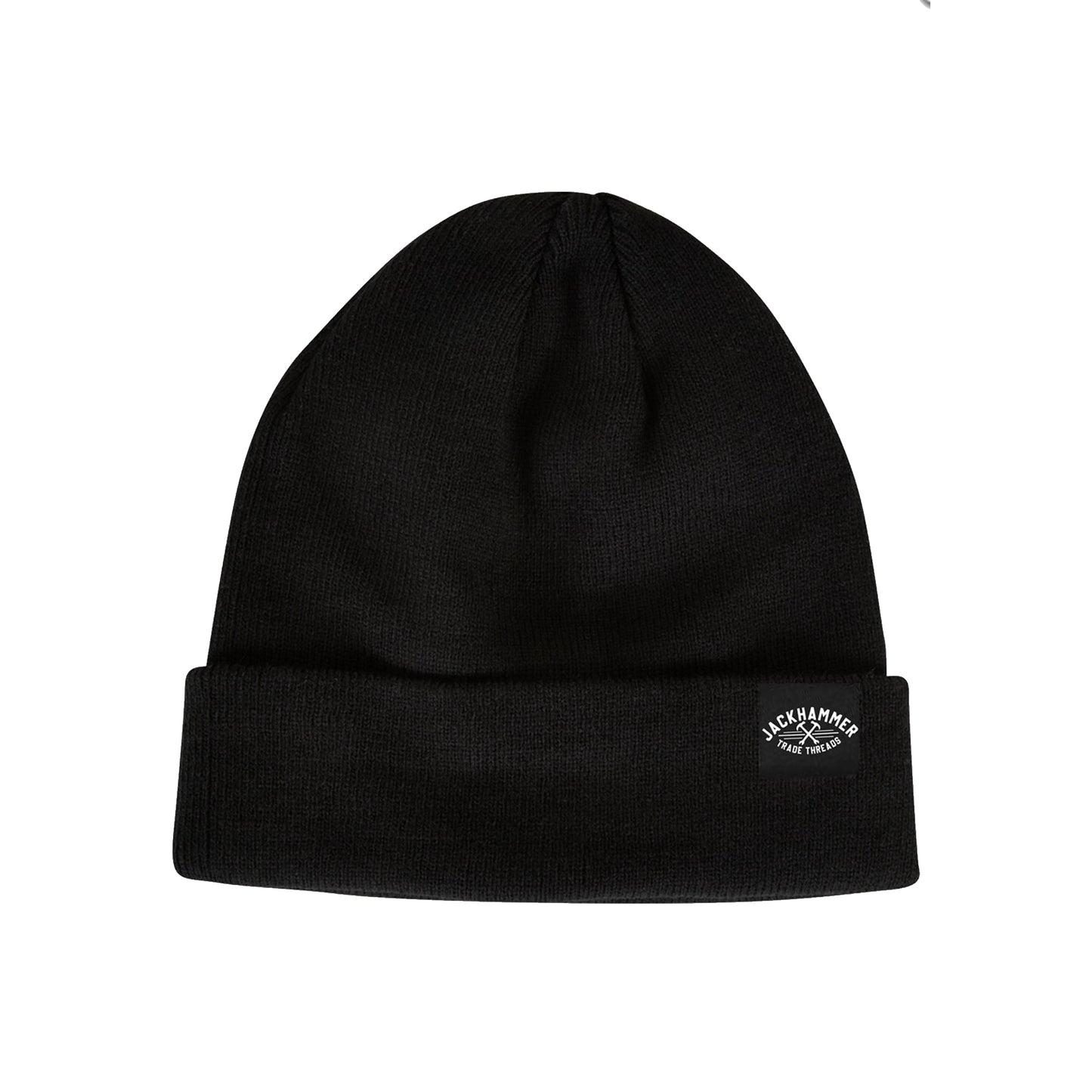 Black beanie with a logo on a white background