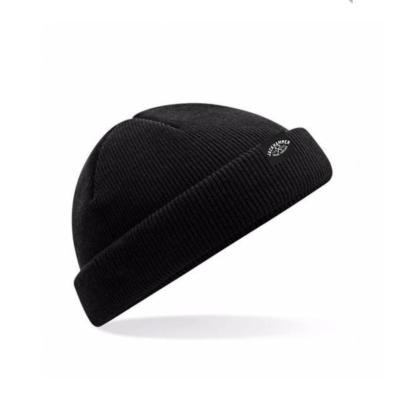 Black beanie with a brand logo on a white background