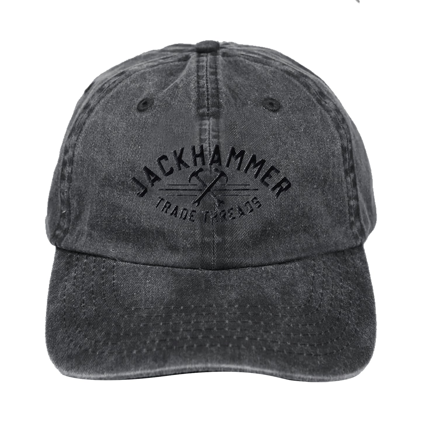 Black denim cap with 'Jackhammer Trade Threads' logo on a white background
