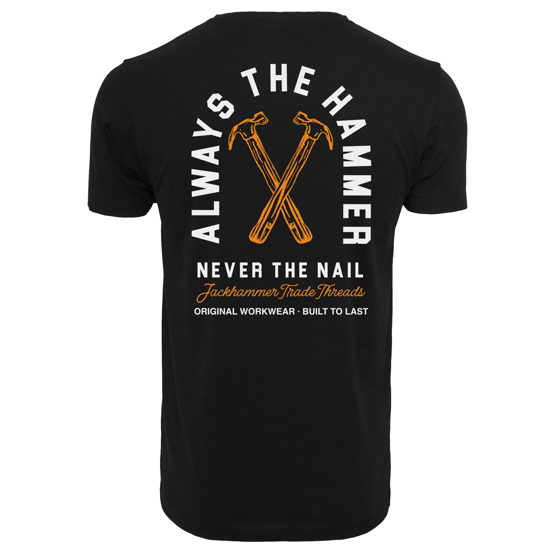 Black t-shirt with white and orange text and graphics on the back