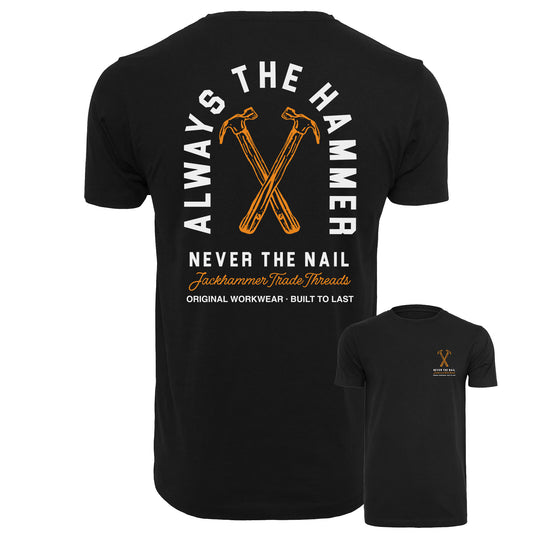 Black t-shirt with hammer and nail graphic and text on a white background
