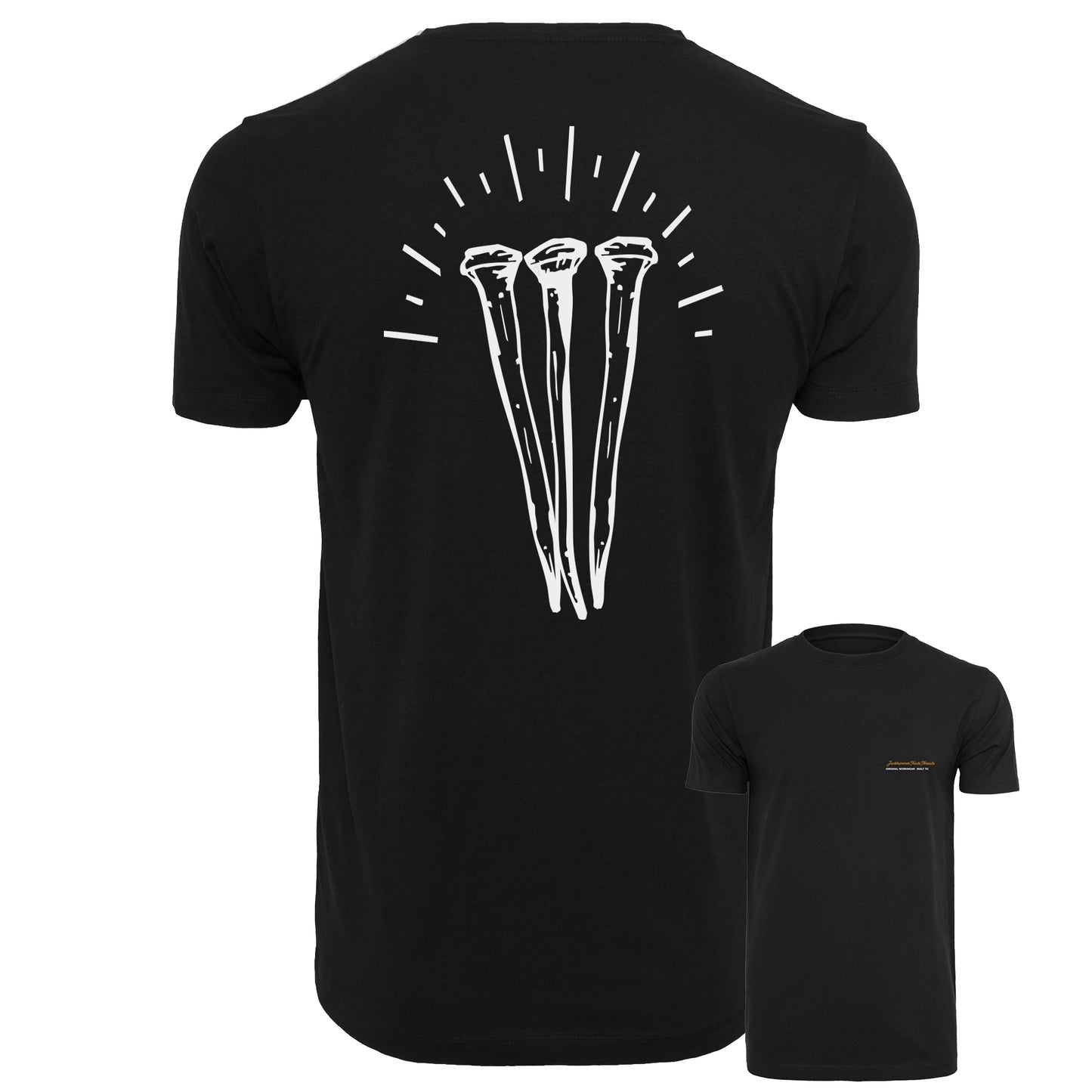 Black t-shirt with white graphic design on the back, displayed on a white background.