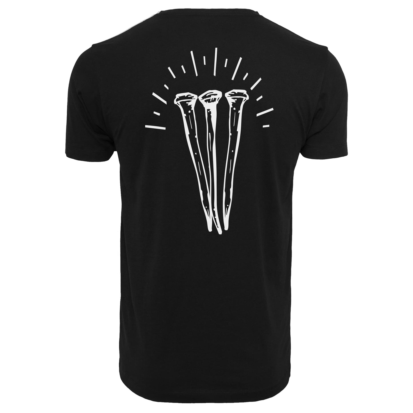 Black t-shirt with white graphic design on the back, displayed on a white background.