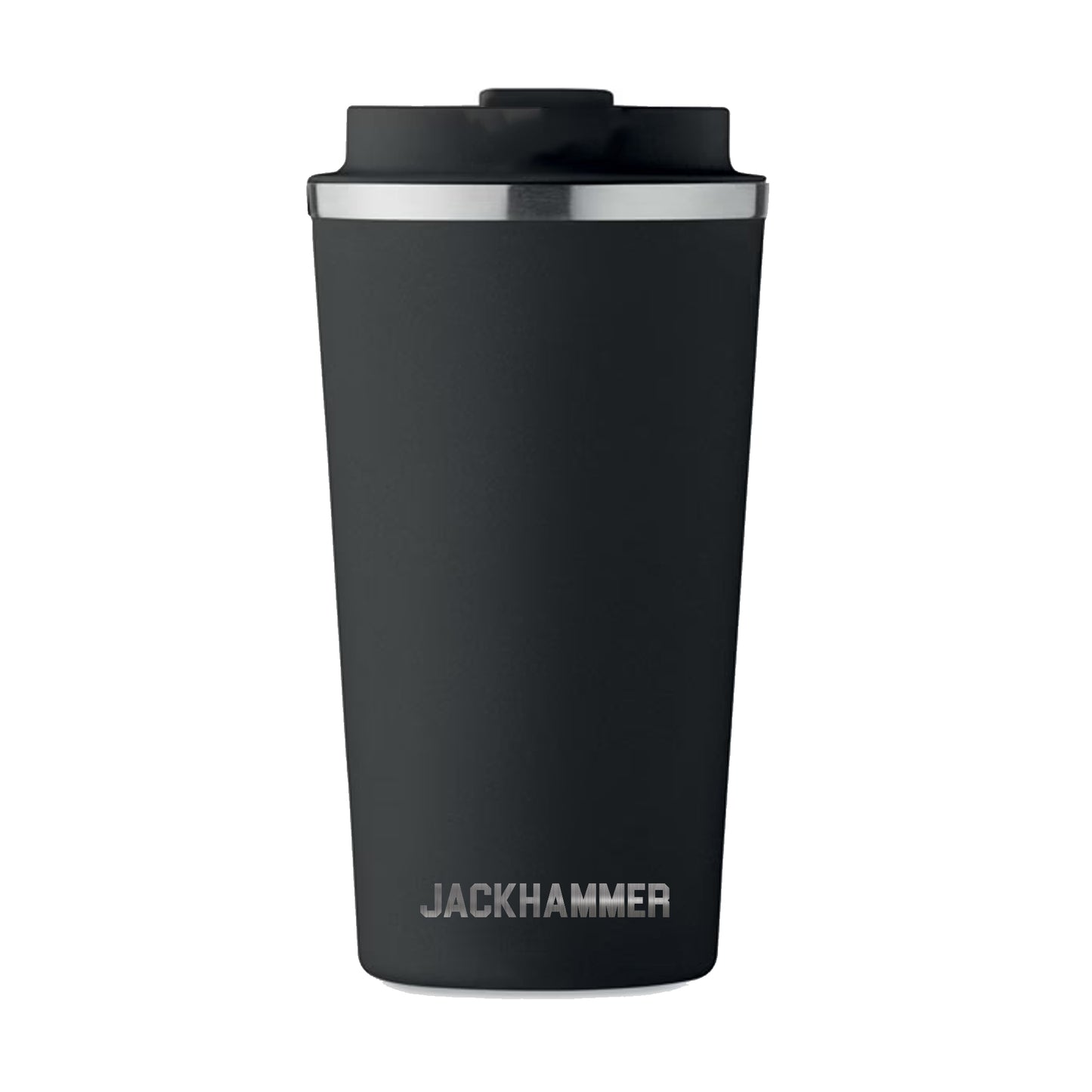 Stainless thermal travel mug with Always The Hammer engraved design by Jackhammer Clothing Back