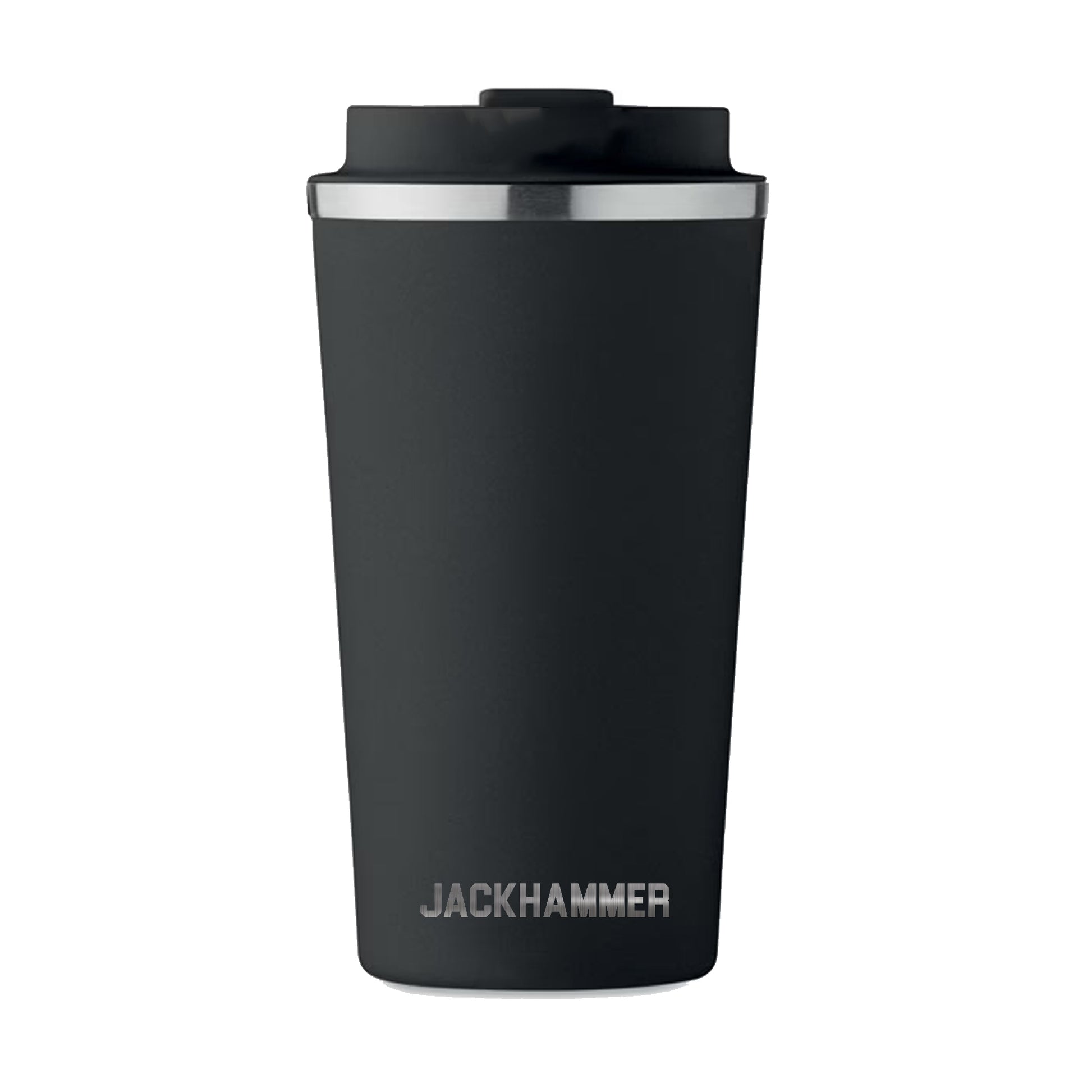 Stainless thermal travel mug with Always The Hammer engraved design by Jackhammer Clothing Back