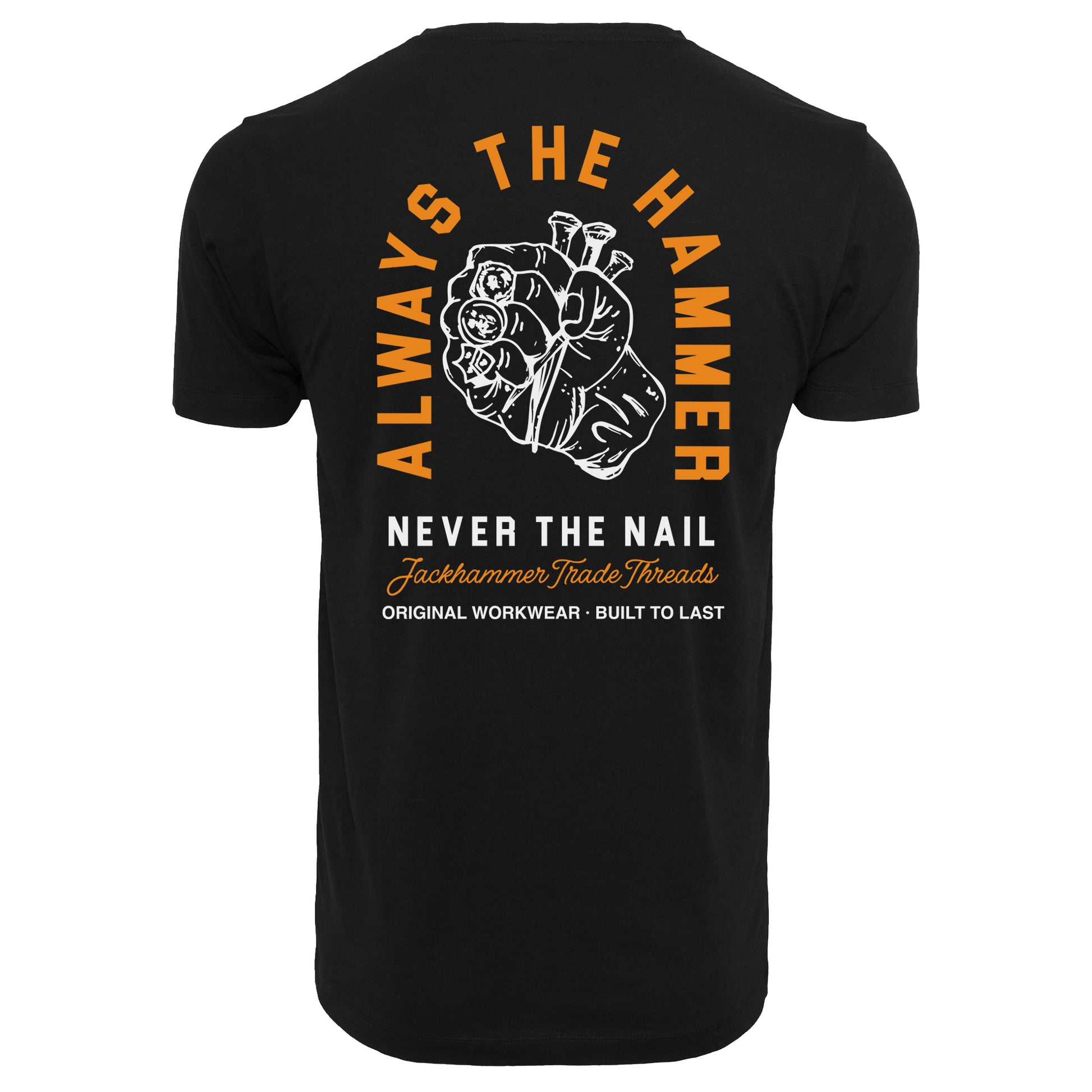 JACKHAMMER tshirt with illustration graphic of hand holding nails in clenched fist back of tshirt