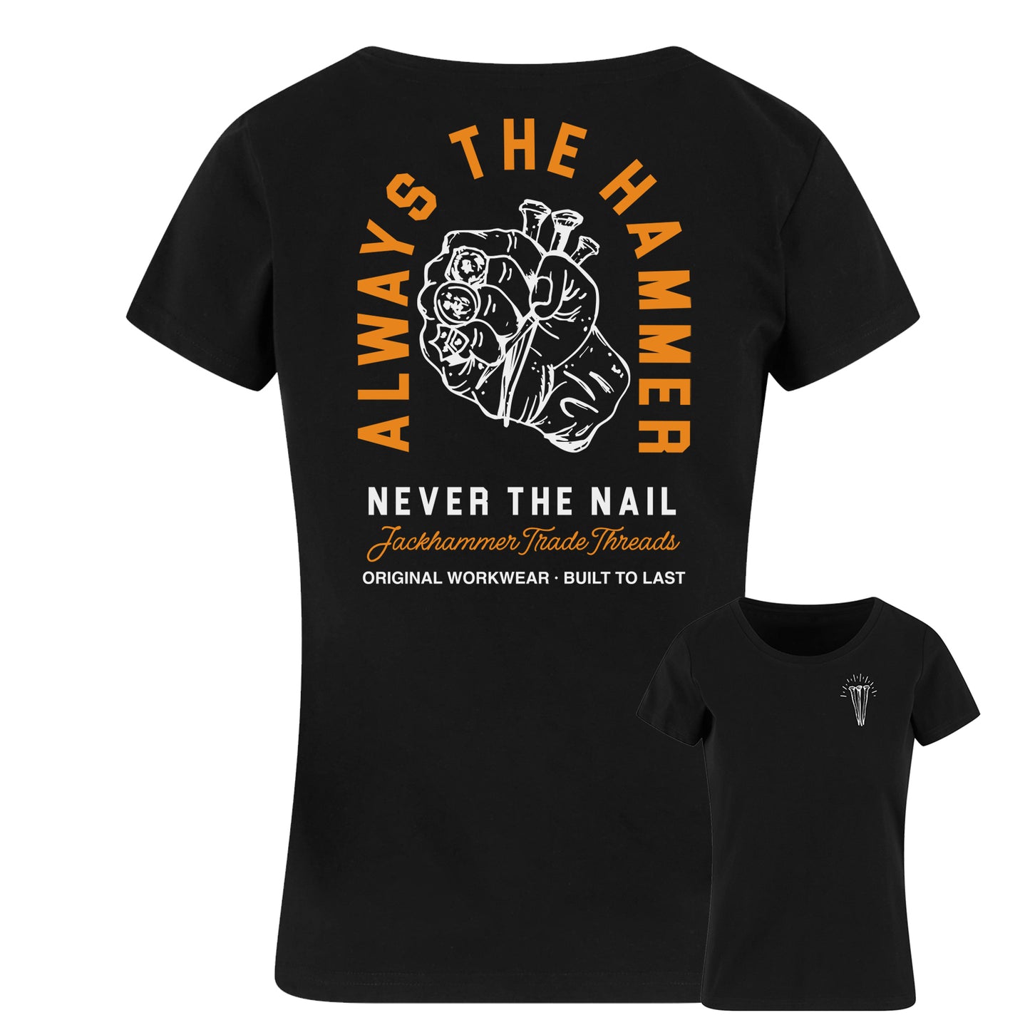 Black t-shirt with graphic design and text on a white background