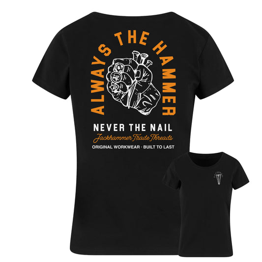 Black t-shirt with graphic design and text on a white background