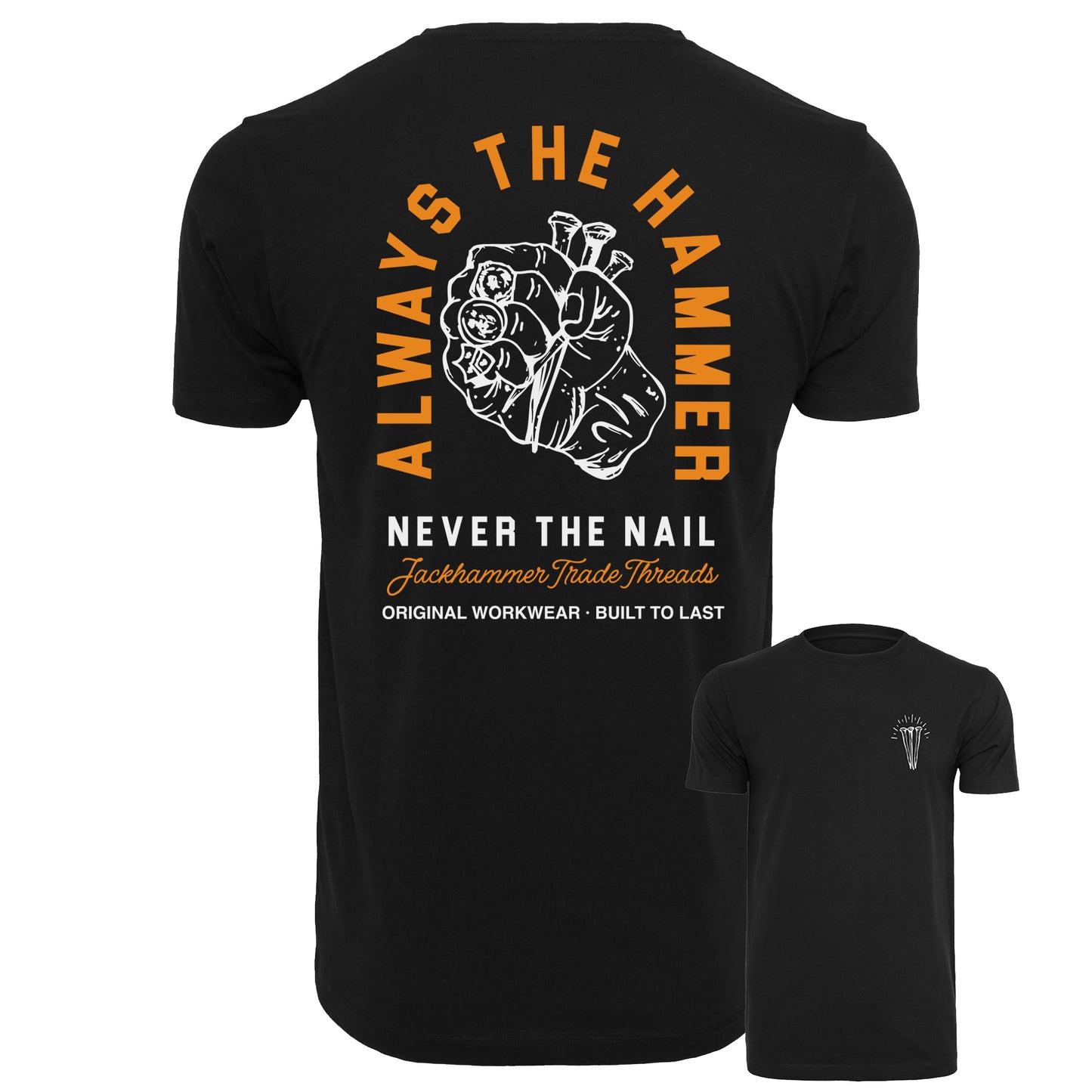 JACKHAMMER tshirt with illustration graphic of hand holding nails in clenched fist