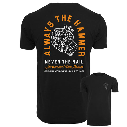 JACKHAMMER tshirt with illustration graphic of hand holding nails in clenched fist