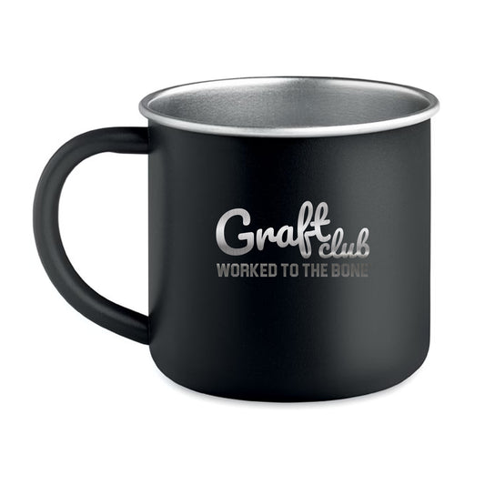Graft Club engraved black stainless steel mug by Jackhammer Workwear Front