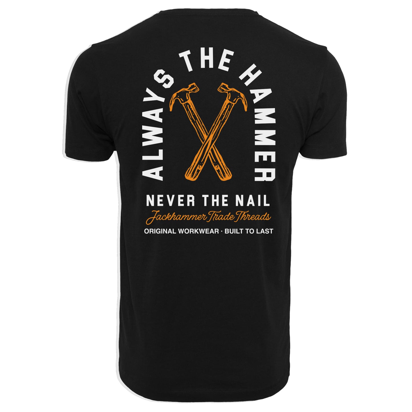 Black t-shirt with white and orange text and graphics on the back