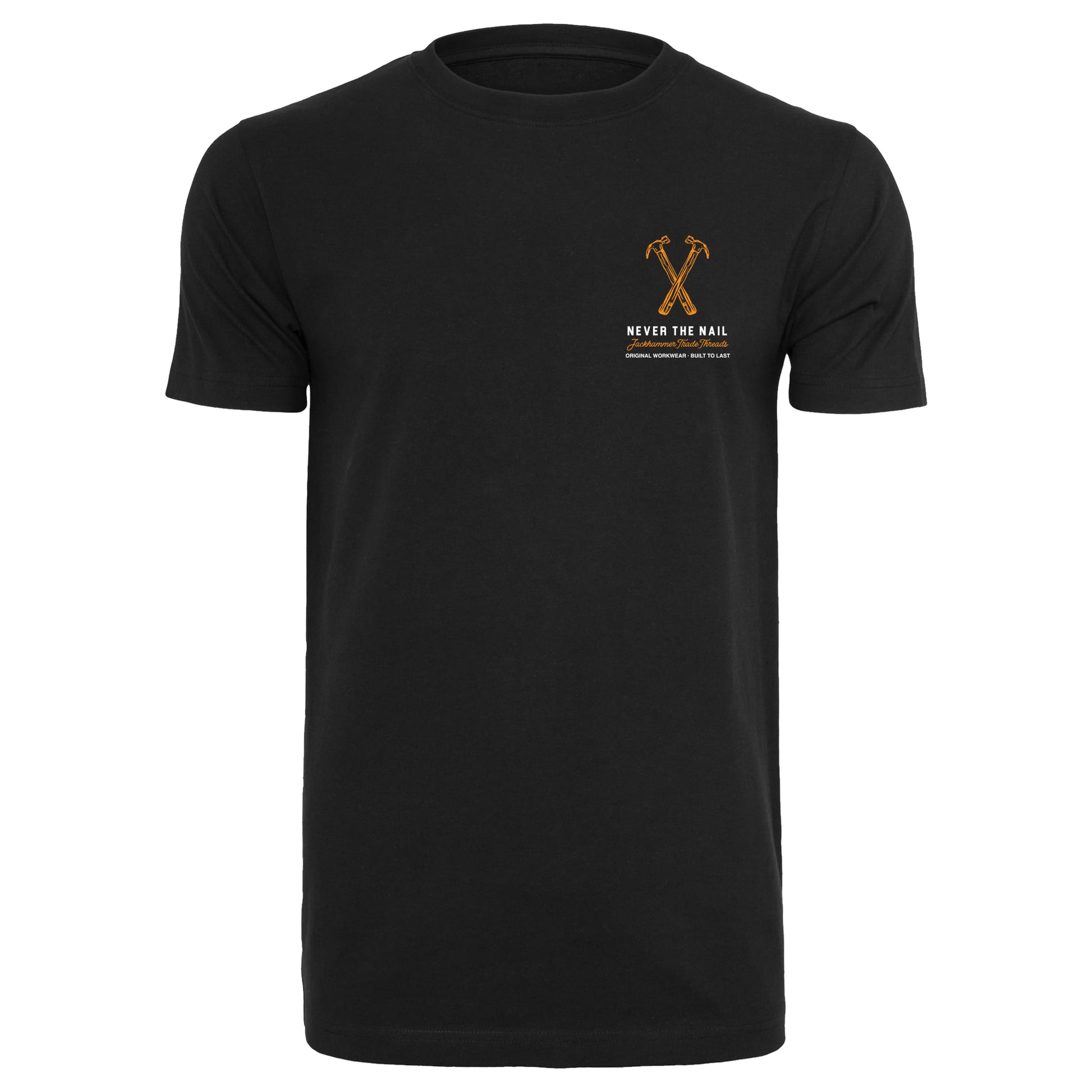 Black t-shirt with a logo on the chest against a white background