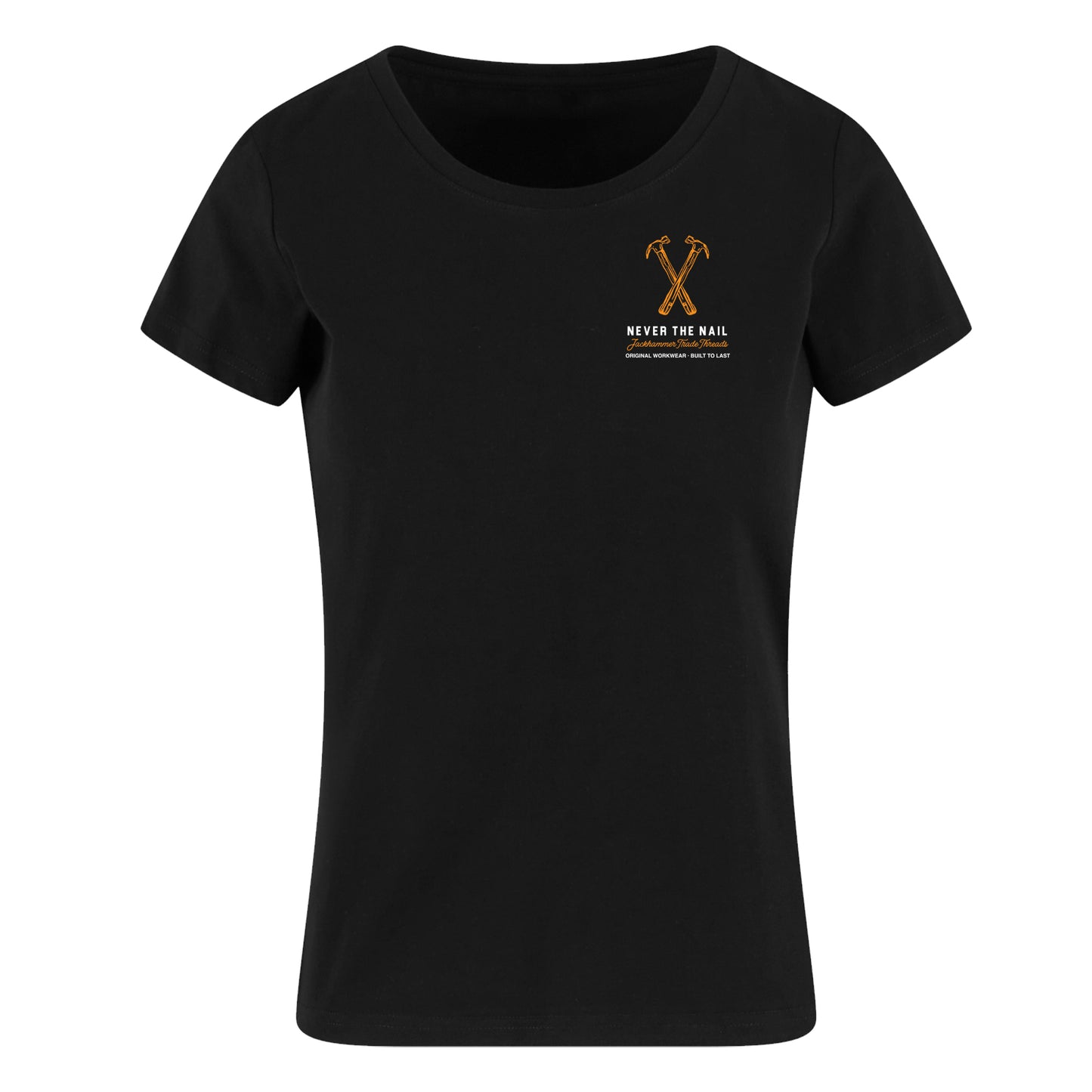 Black t-shirt with a logo and text on a white background
