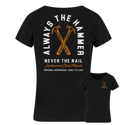 Black t-shirt with graphic design and text on a white background