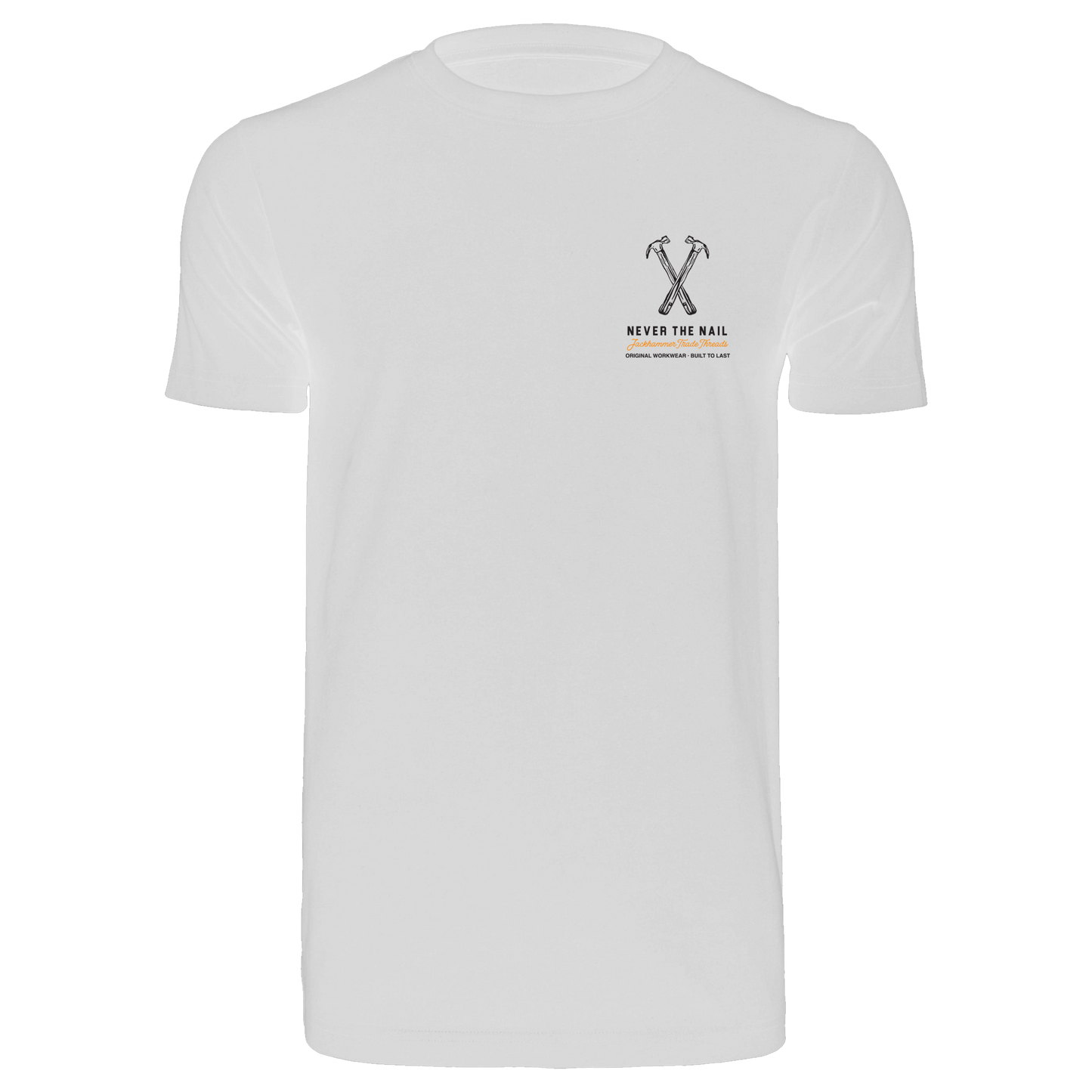 White t-shirt with a logo and text on a white background