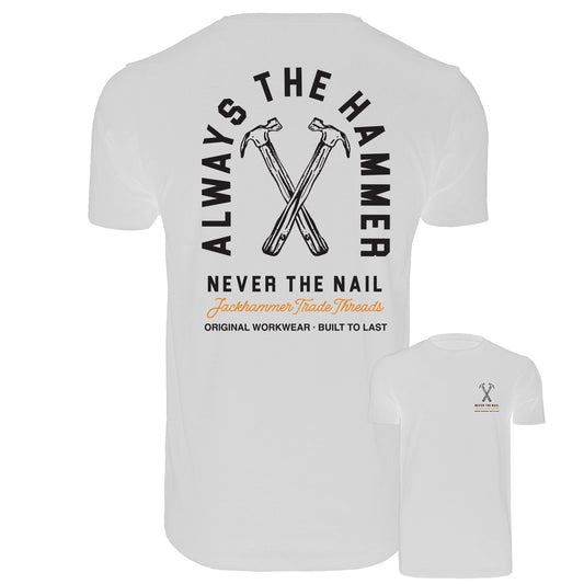 White t-shirt with black text and hammer graphic on a white background