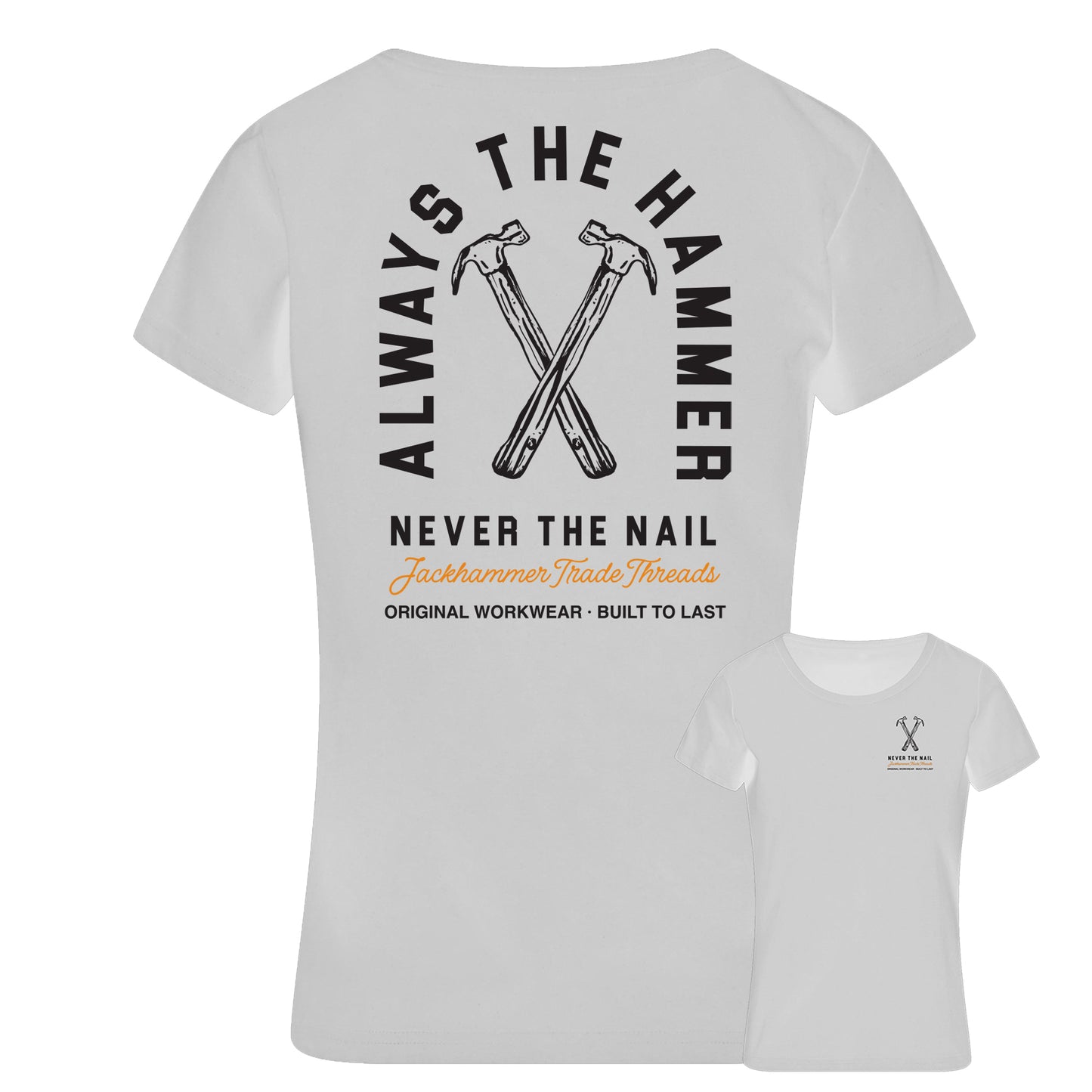 White t-shirt with black graphic design and text on a white background