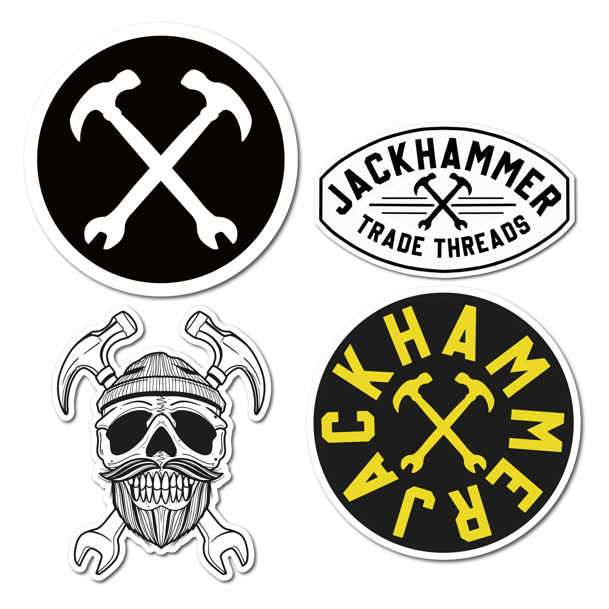 A set of four black and white stickers with unique designs including tool crossed icons, a skull, and the text 'JACKHAMMER'.