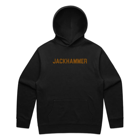 Black hoodie featuring an embroidered JACKHAMMER logo across the chest.