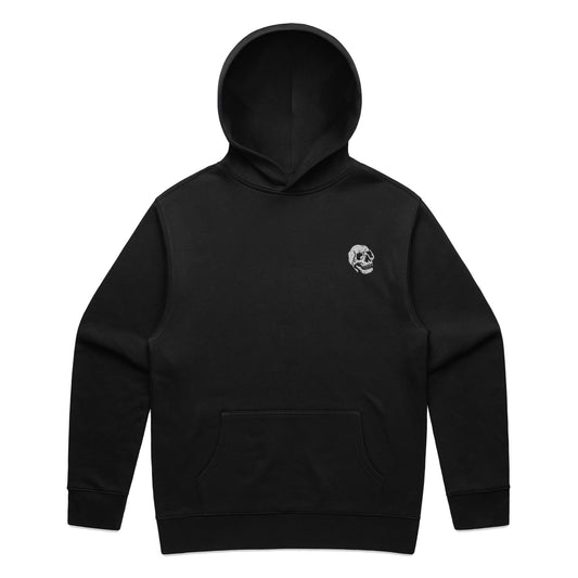 Black hoodie with embroidered skull design on the chest, displayed on a plain background.