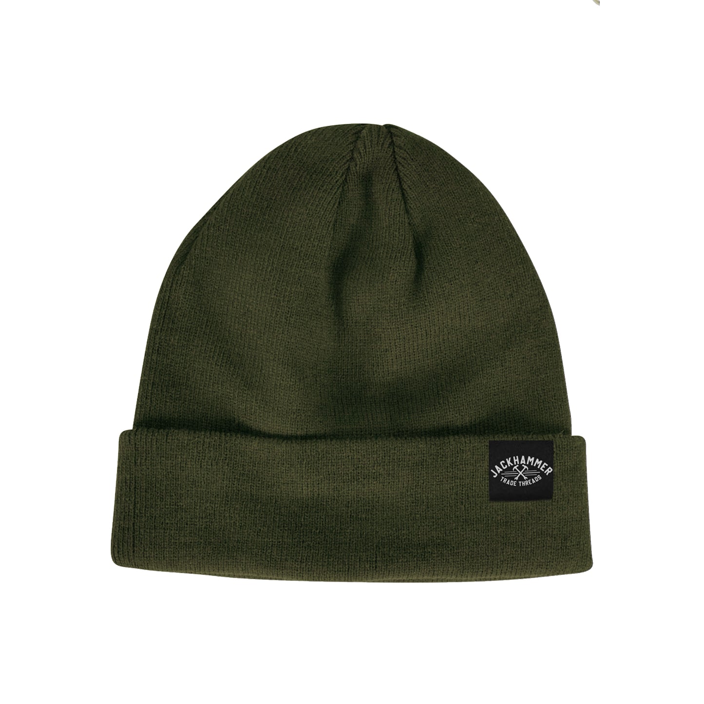 Green beanie with a brand logo on a white background