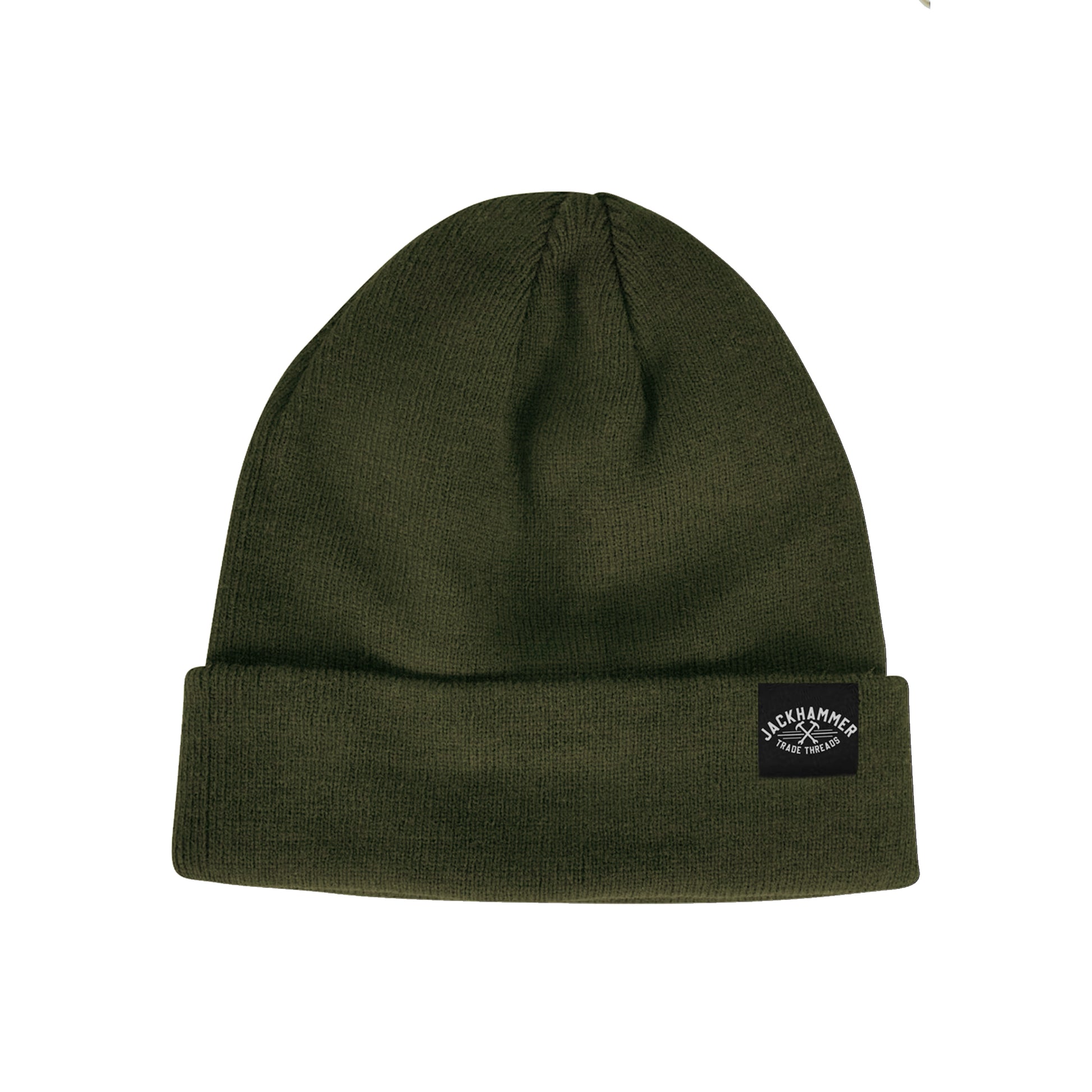 Green beanie with a brand logo on a white background