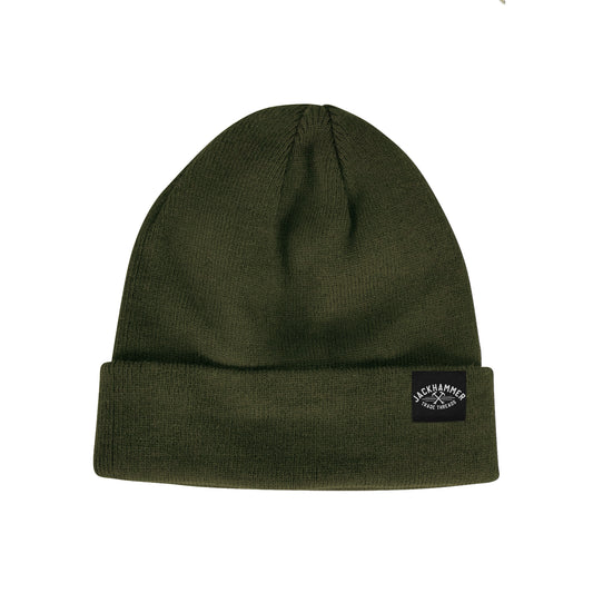 Green beanie with a brand logo on a white background