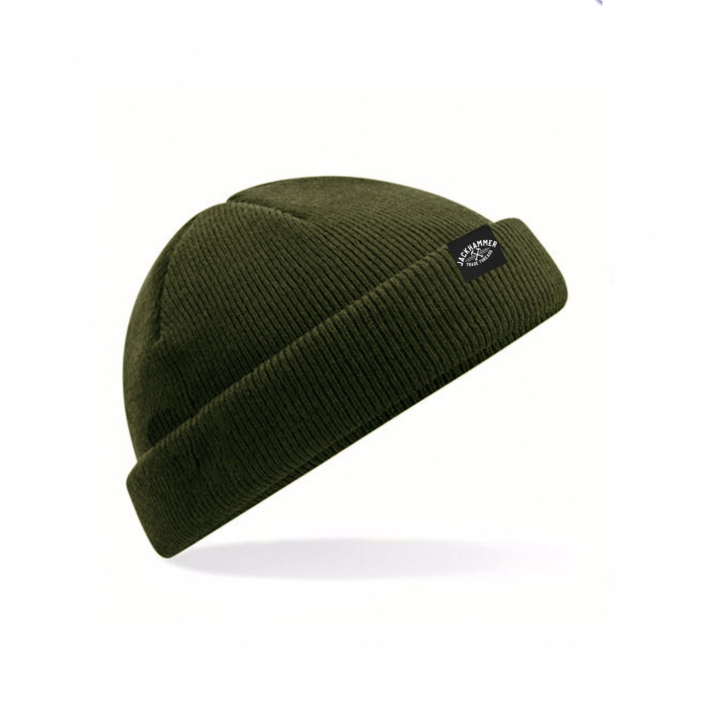 Green beanie with a logo on a white background