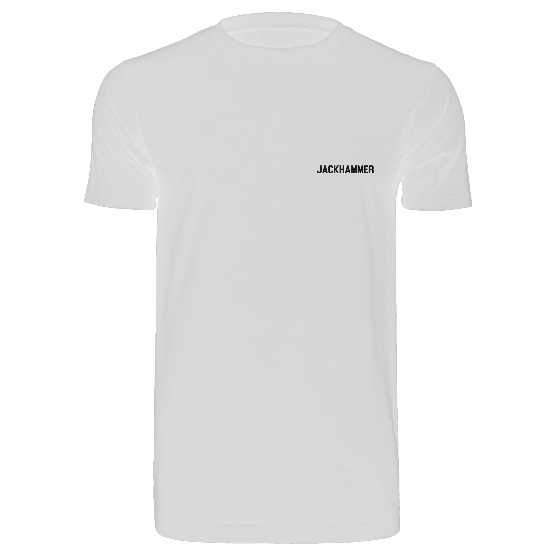 JACKHAMMER logo pocket print on white tshirt and white background
