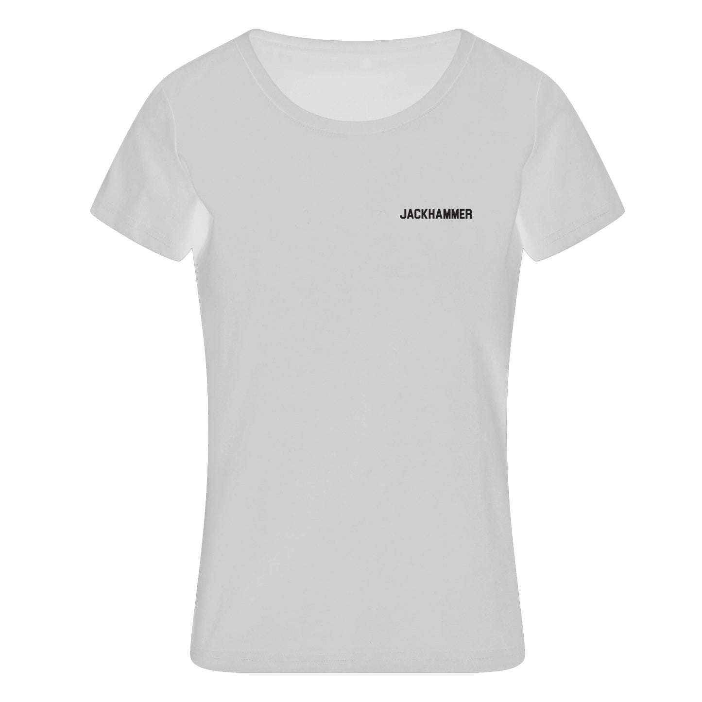 White t-shirt with 'JACKHAMMER' text on a white background