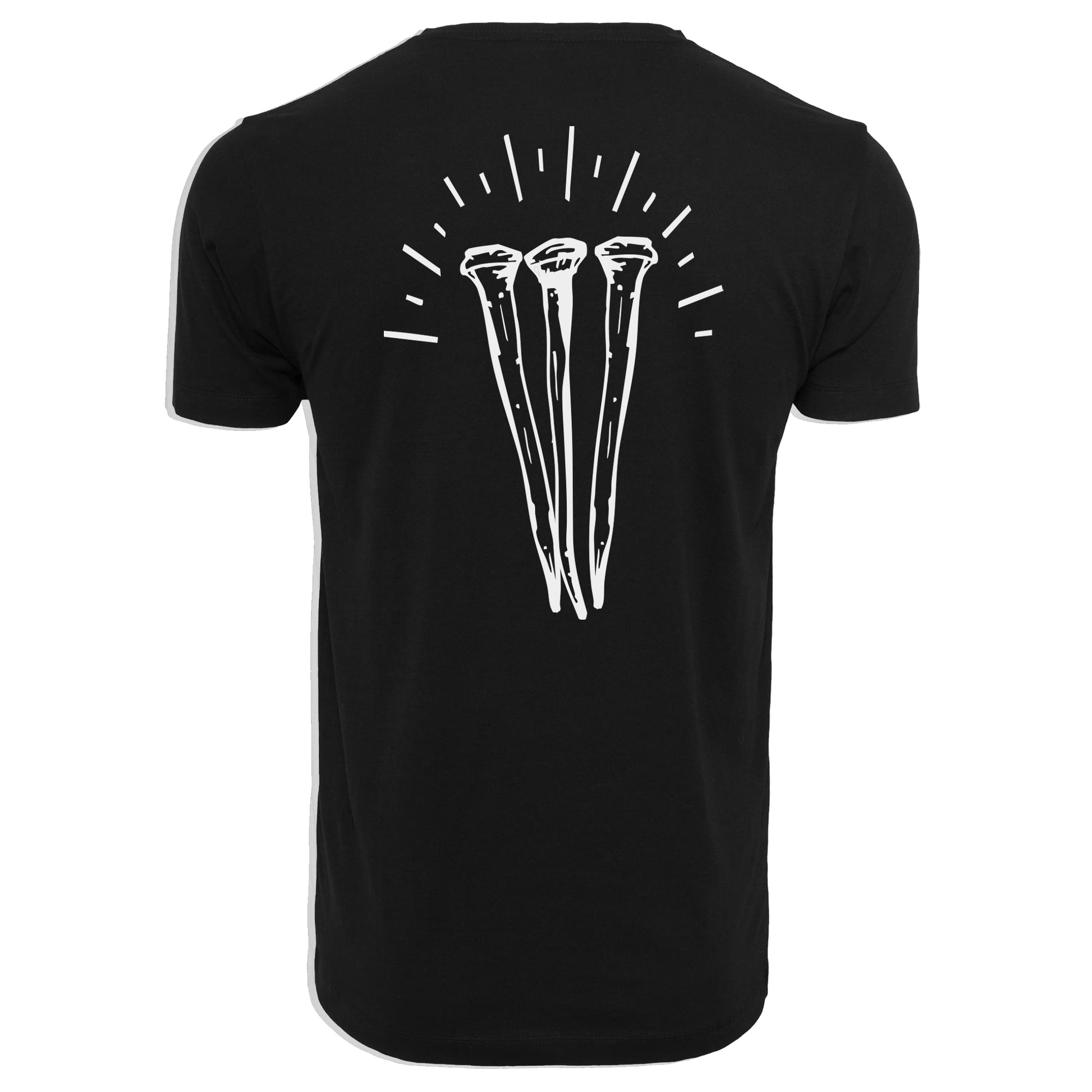 Black t-shirt with white graphic design on a white background