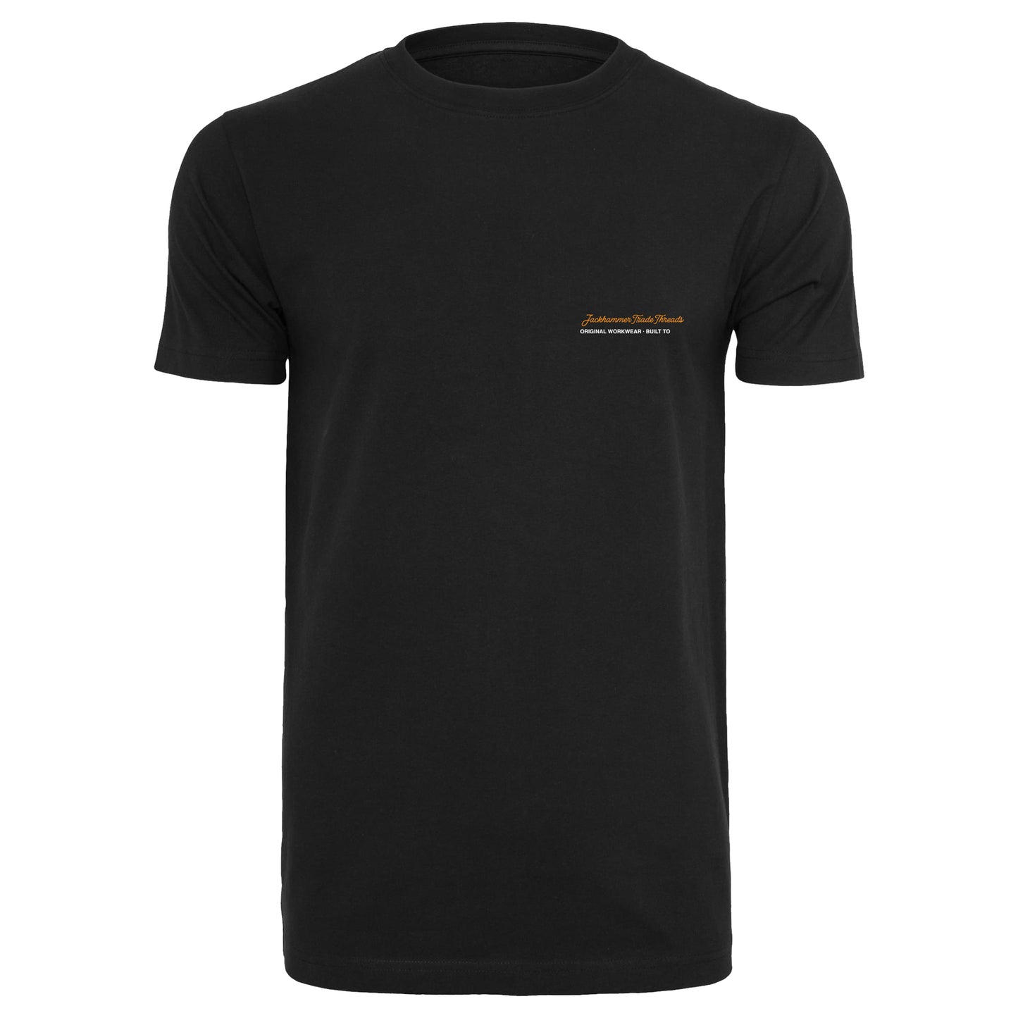 Black t-shirt with a small logo on the chest against a white background