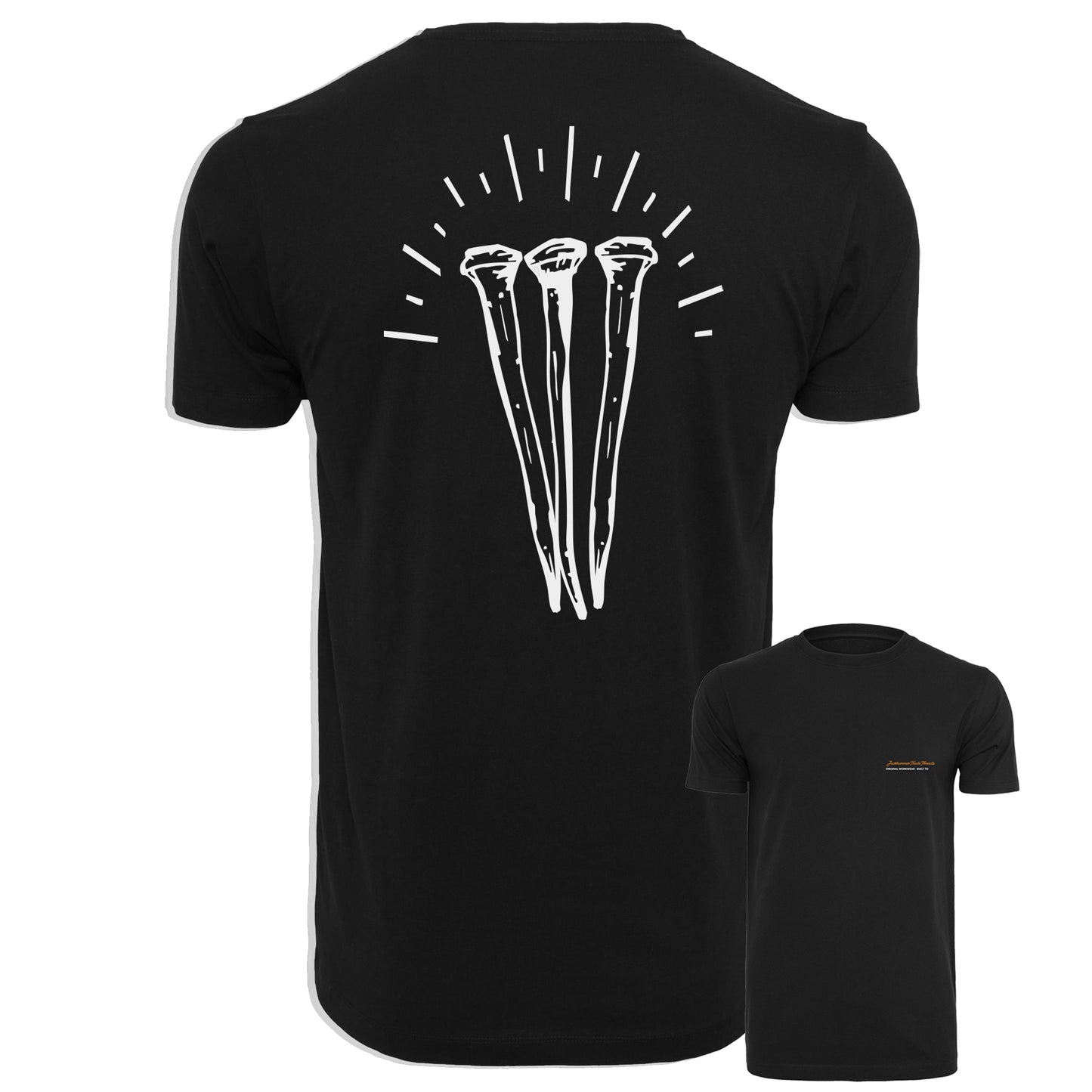 Black t-shirt with white graphic design on the back, displayed on a white background.