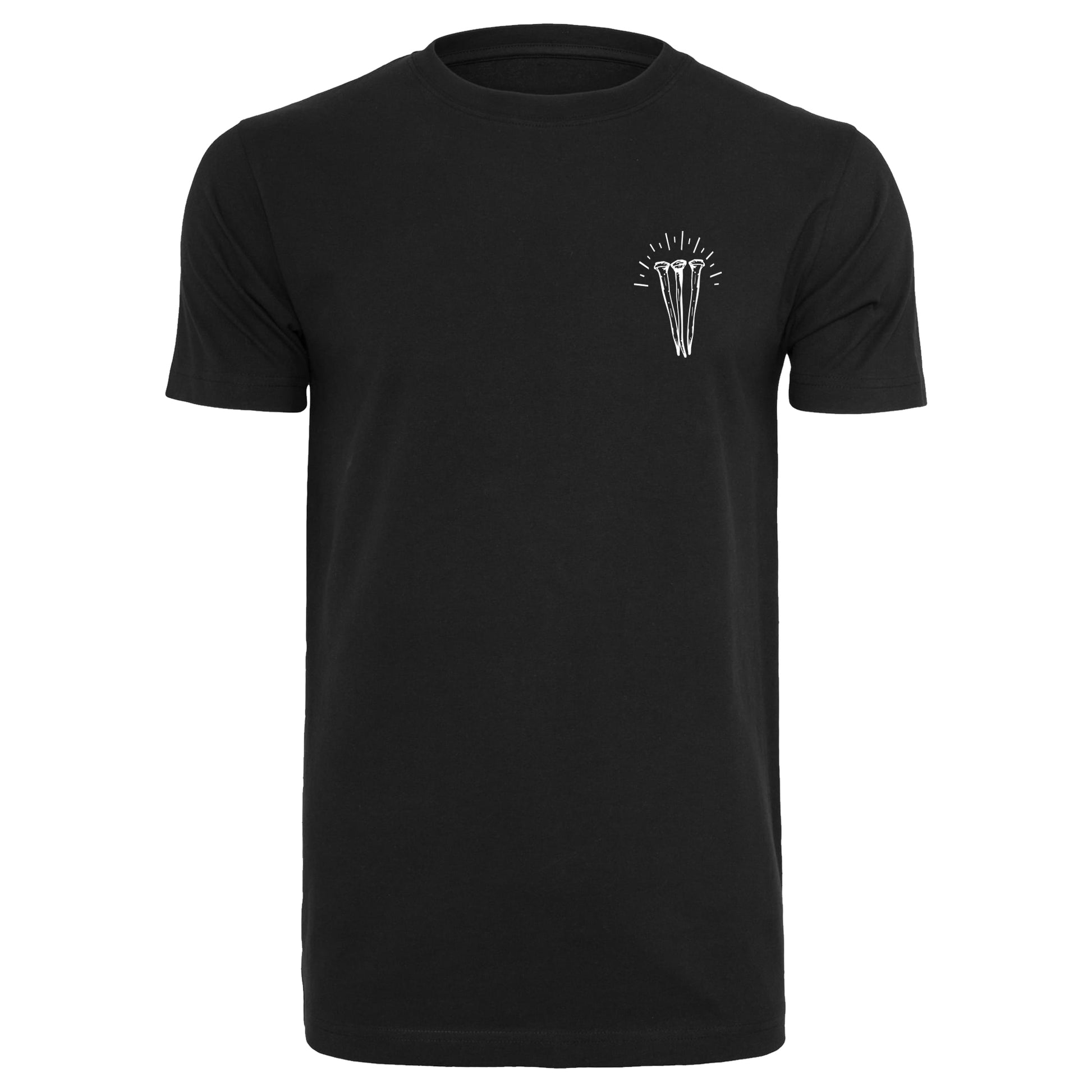 Black t-shirt with a white graphic on the chest against a white background