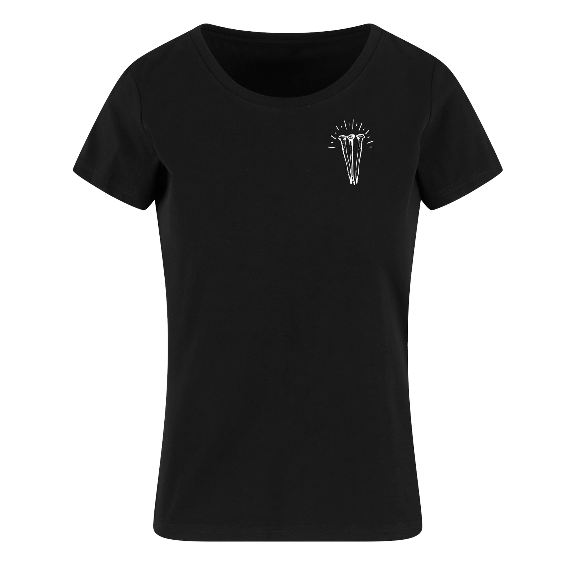 Black t-shirt with a white graphic on the chest against a white background