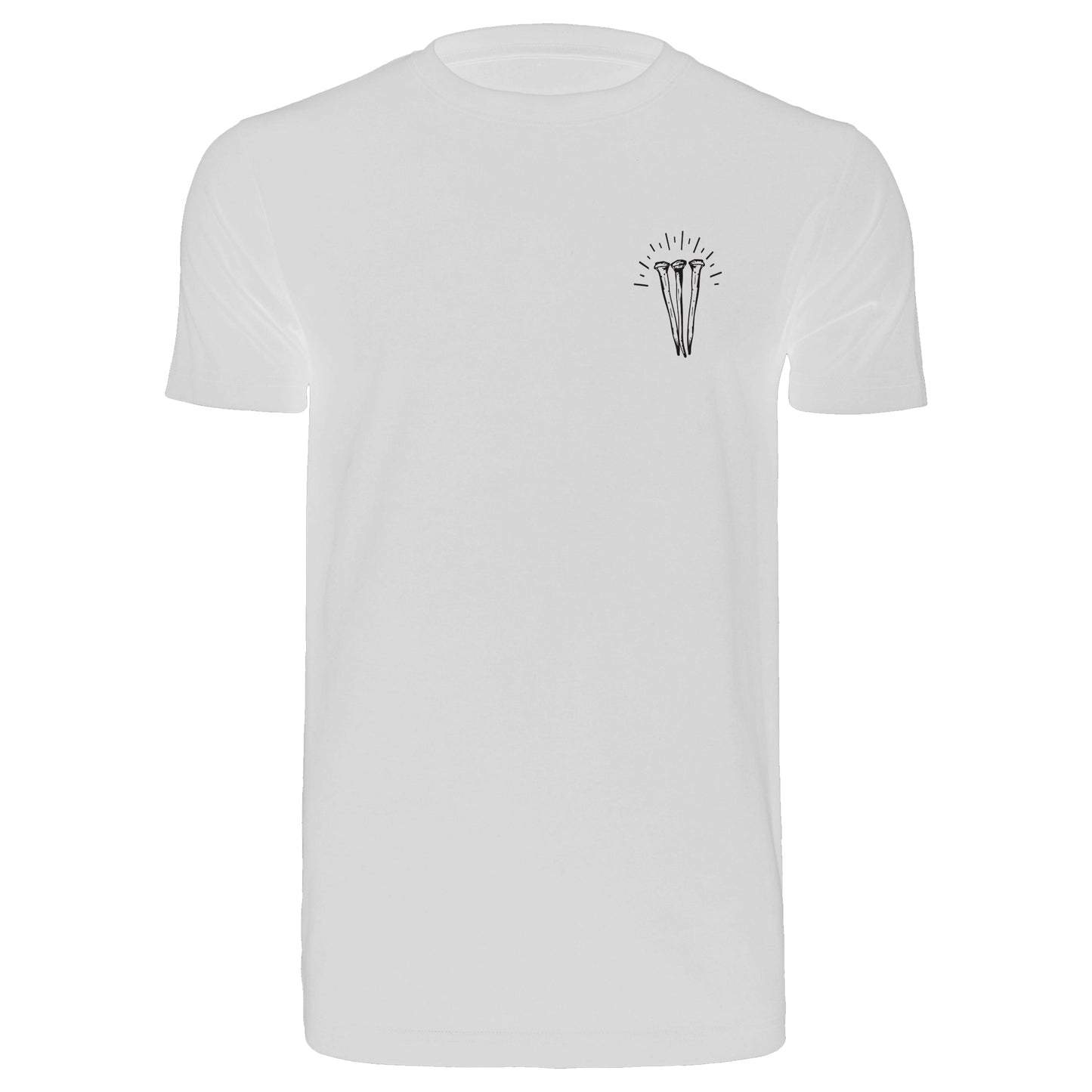White t-shirt with a black graphic on a white background