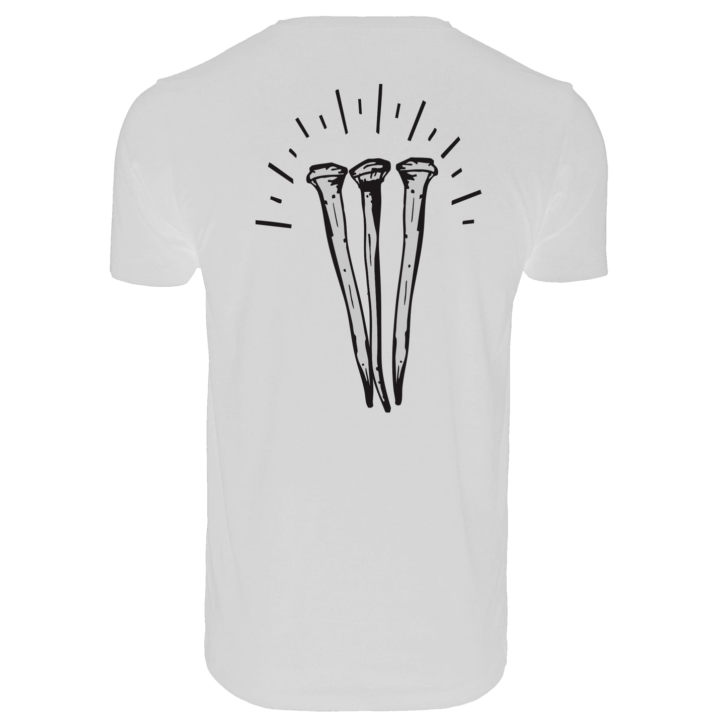 White t-shirt with black graphic design on a white background