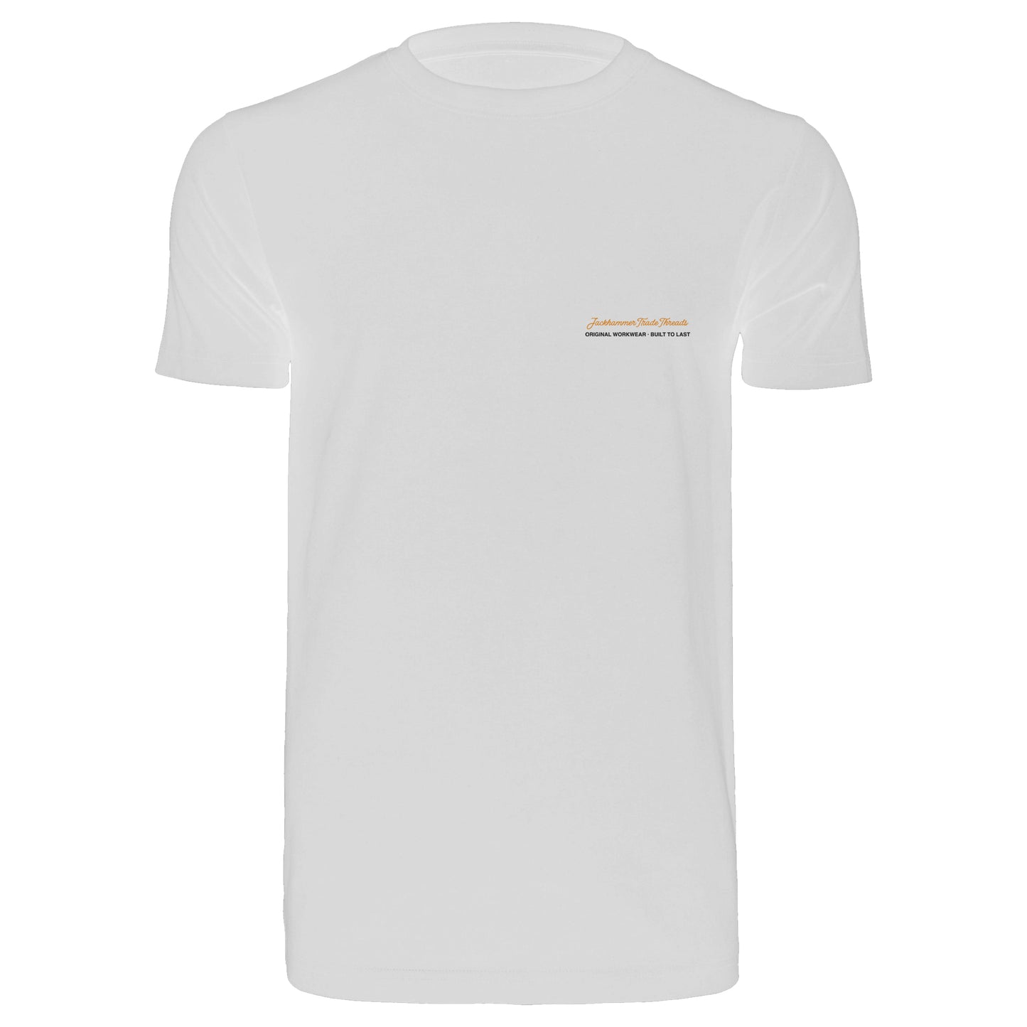 White t-shirt with a small logo on the chest against a white background