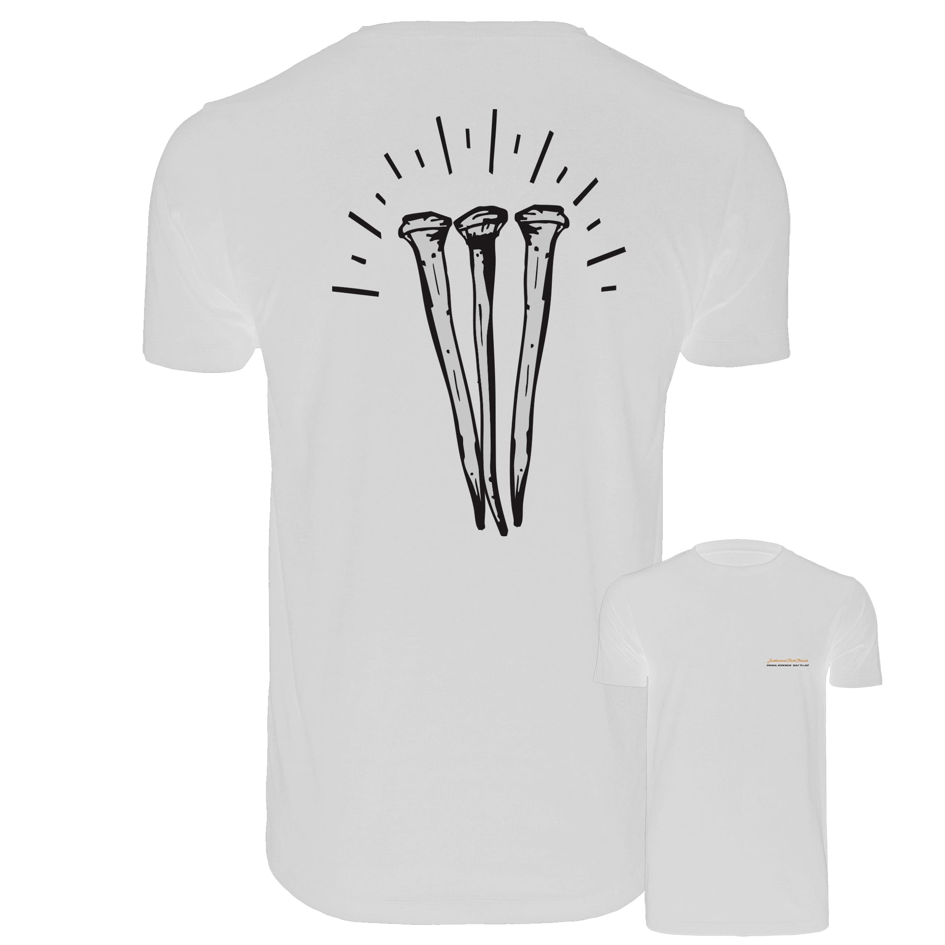 White t-shirt with black graphic design on a white background