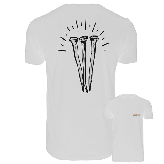 White t-shirt with black graphic design on a white background