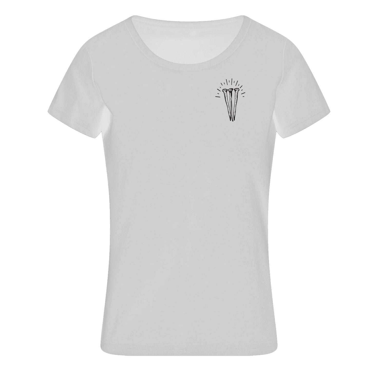 White t-shirt with a black graphic design on a white background