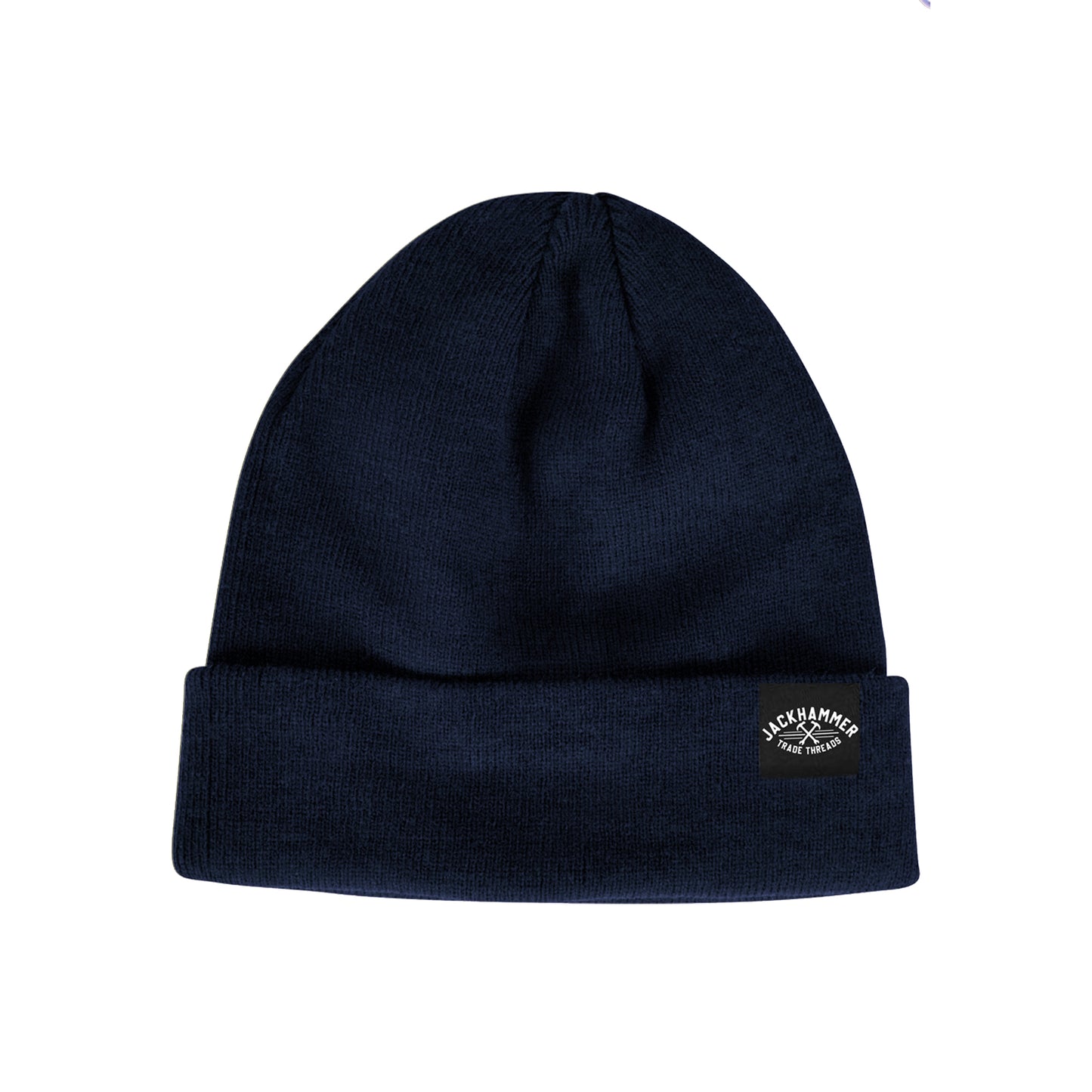 Navy blue beanie with a logo on a white background