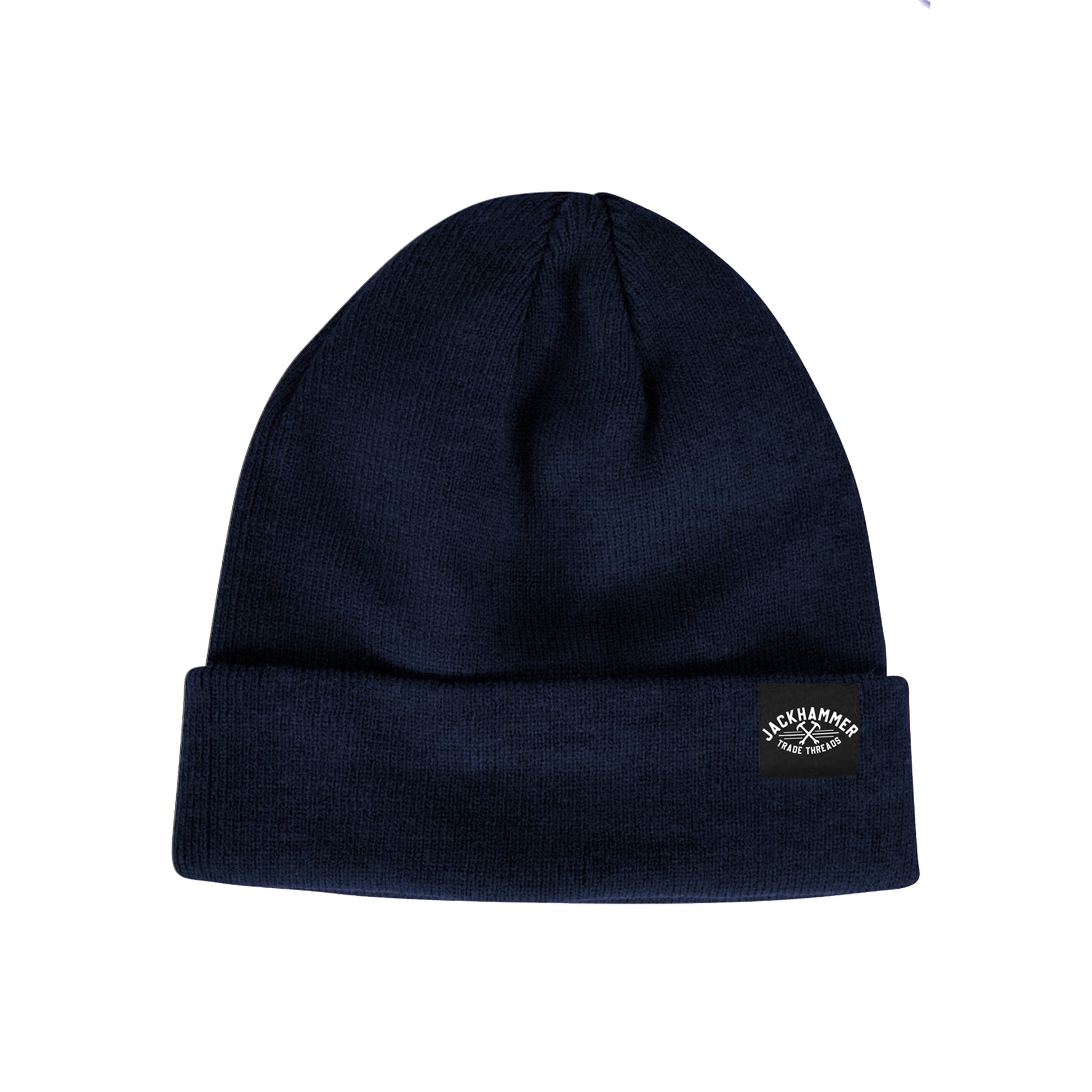 Navy blue beanie with a logo on a white background