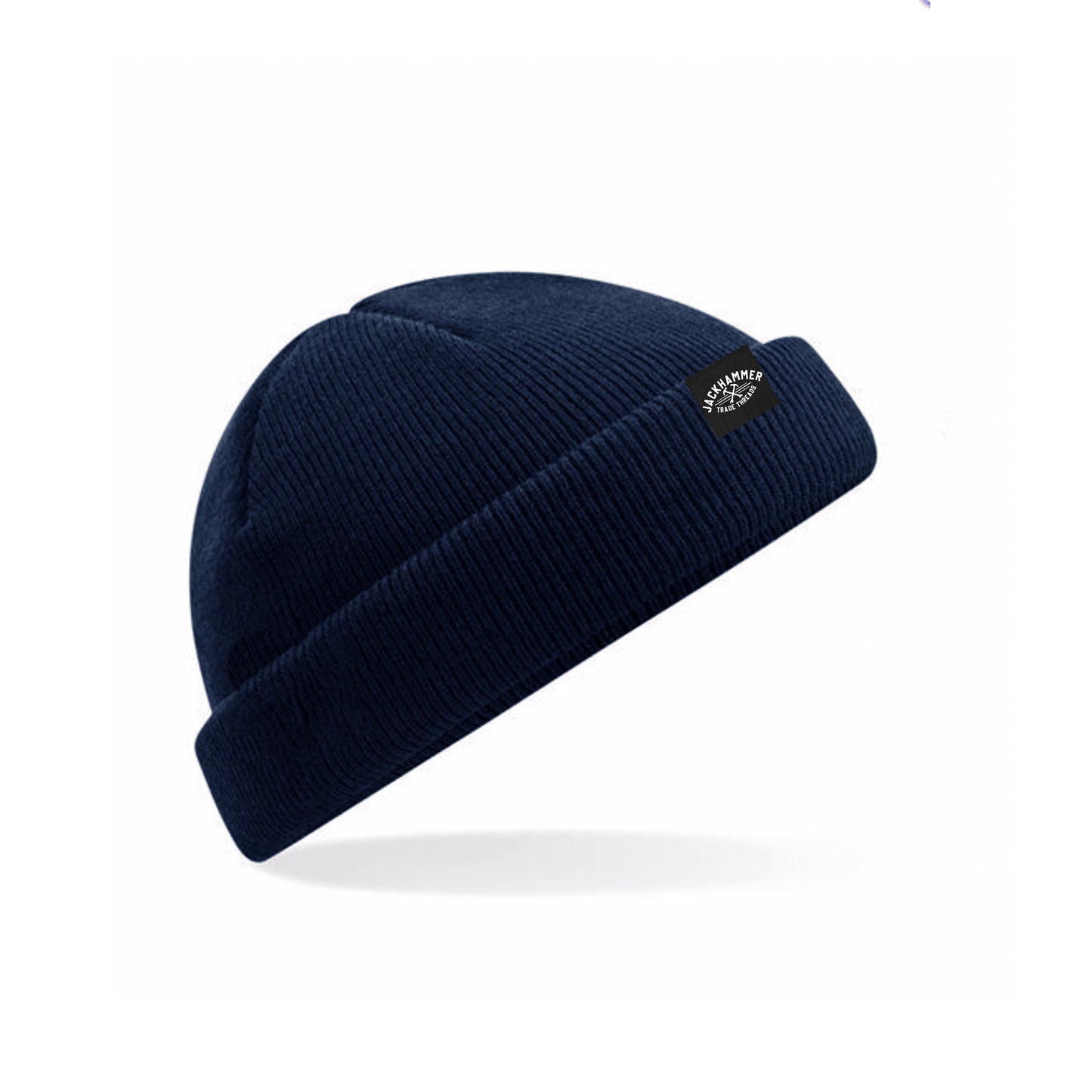 Navy blue beanie with a brand logo on a white background