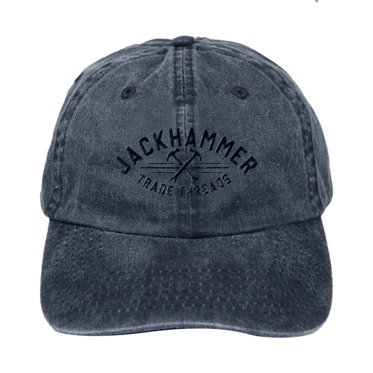 Black denim cap with 'Jackhammer Trade Threads' logo on a white background