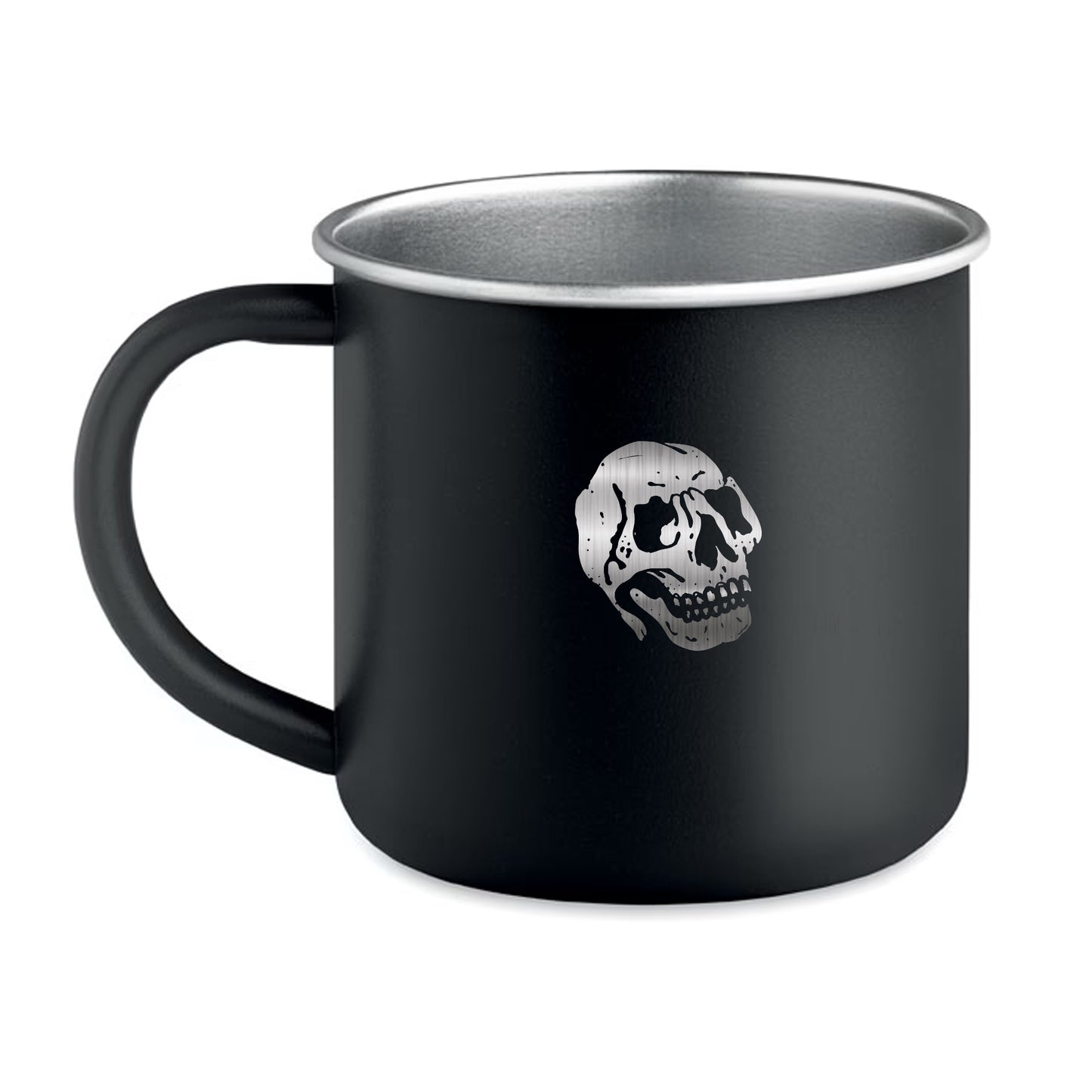 Black stainless steel mug with engraved skull design by Jackhammer Workwear Front