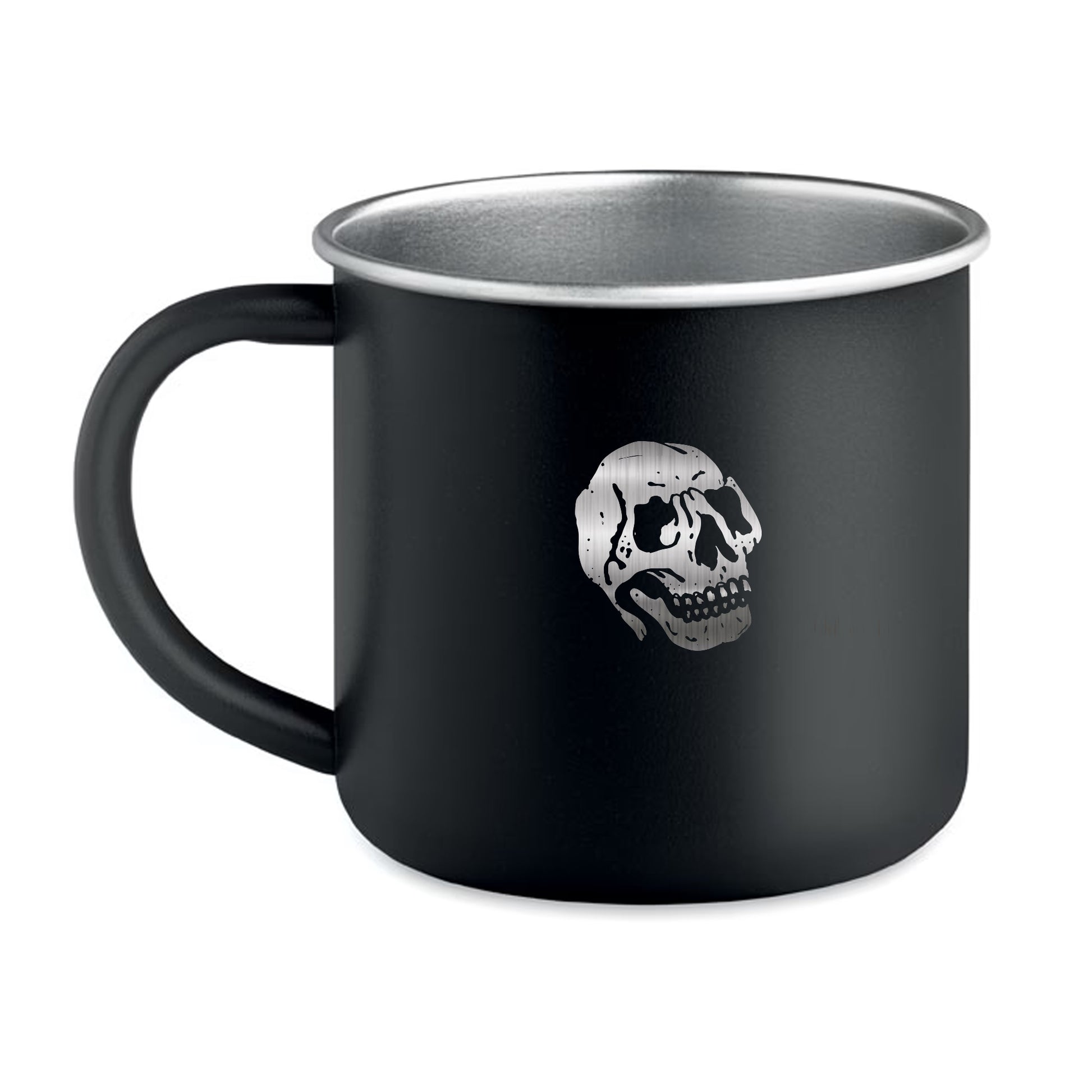 Black stainless steel mug with engraved skull design by Jackhammer Workwear Front