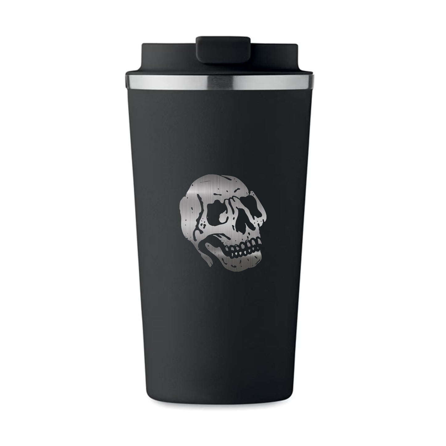 Stainless steel travel mug with engraved skull design by Jackhammer Clothing Front